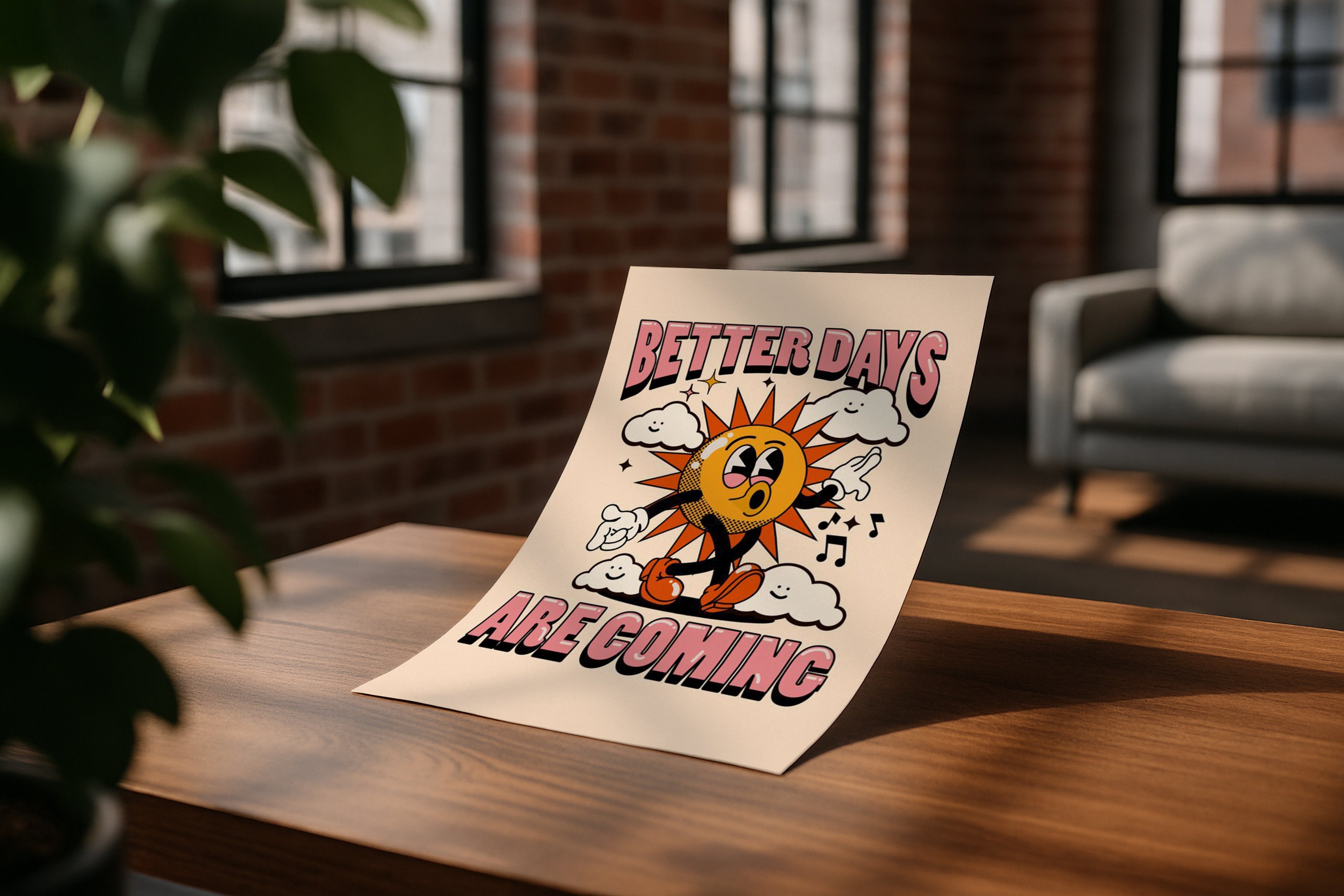 A3 A4 poster mockup on wooden table with sunlight in modern loft interior, PSD smart object for artwork, Etsy wall art, printable design showcase.