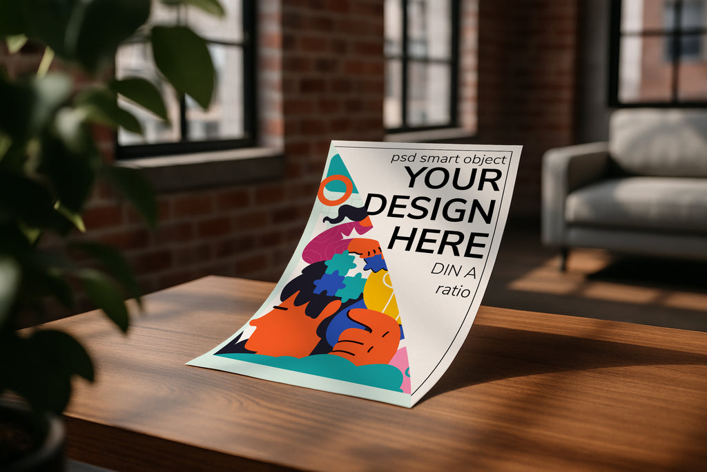 A3 A4 poster mockup on wooden table with sunlight in modern loft interior, PSD smart object for artwork, Etsy wall art, printable design showcase.