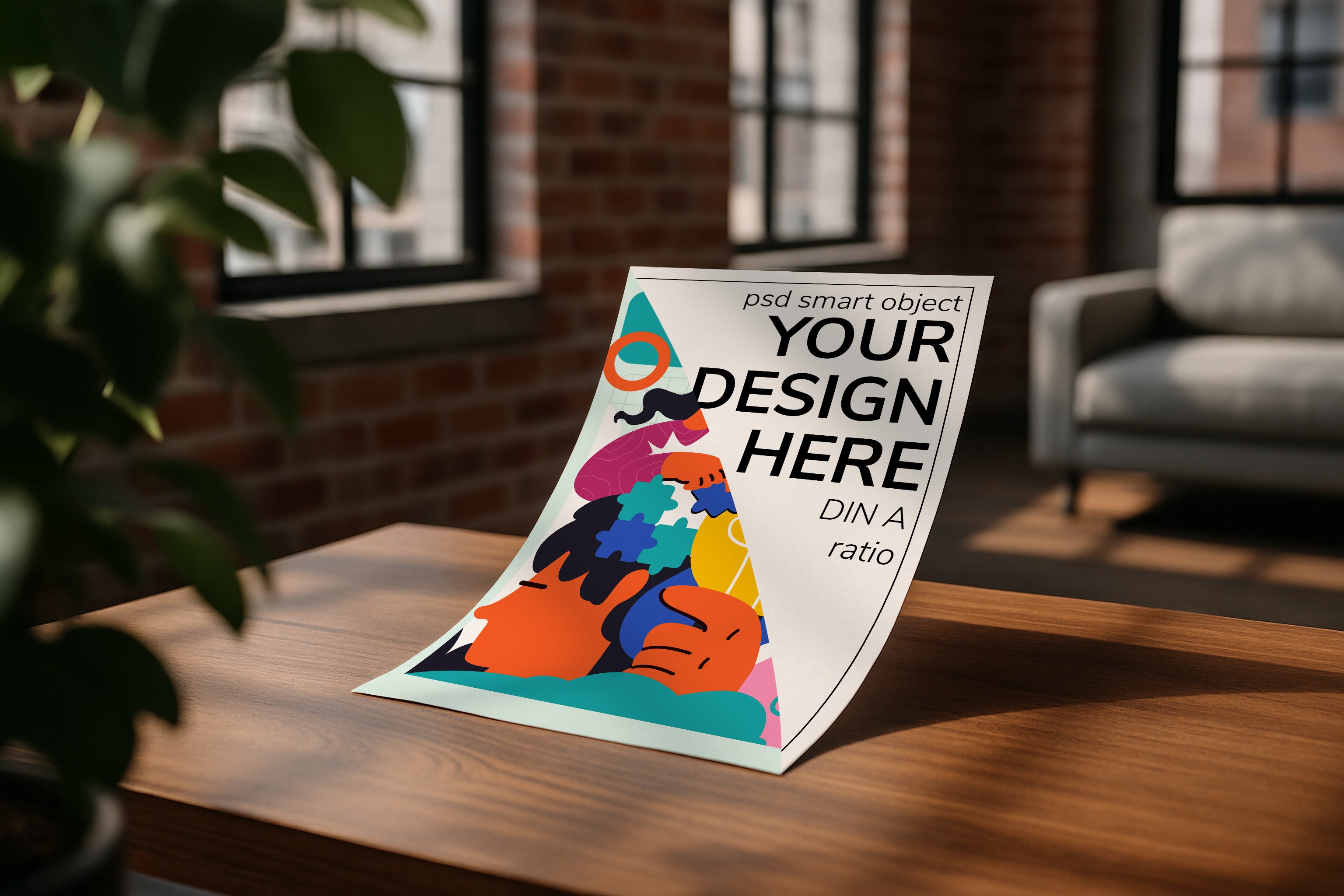 A3 A4 poster mockup on wooden table with sunlight in modern loft interior, PSD smart object for artwork, Etsy wall art, printable design showcase.