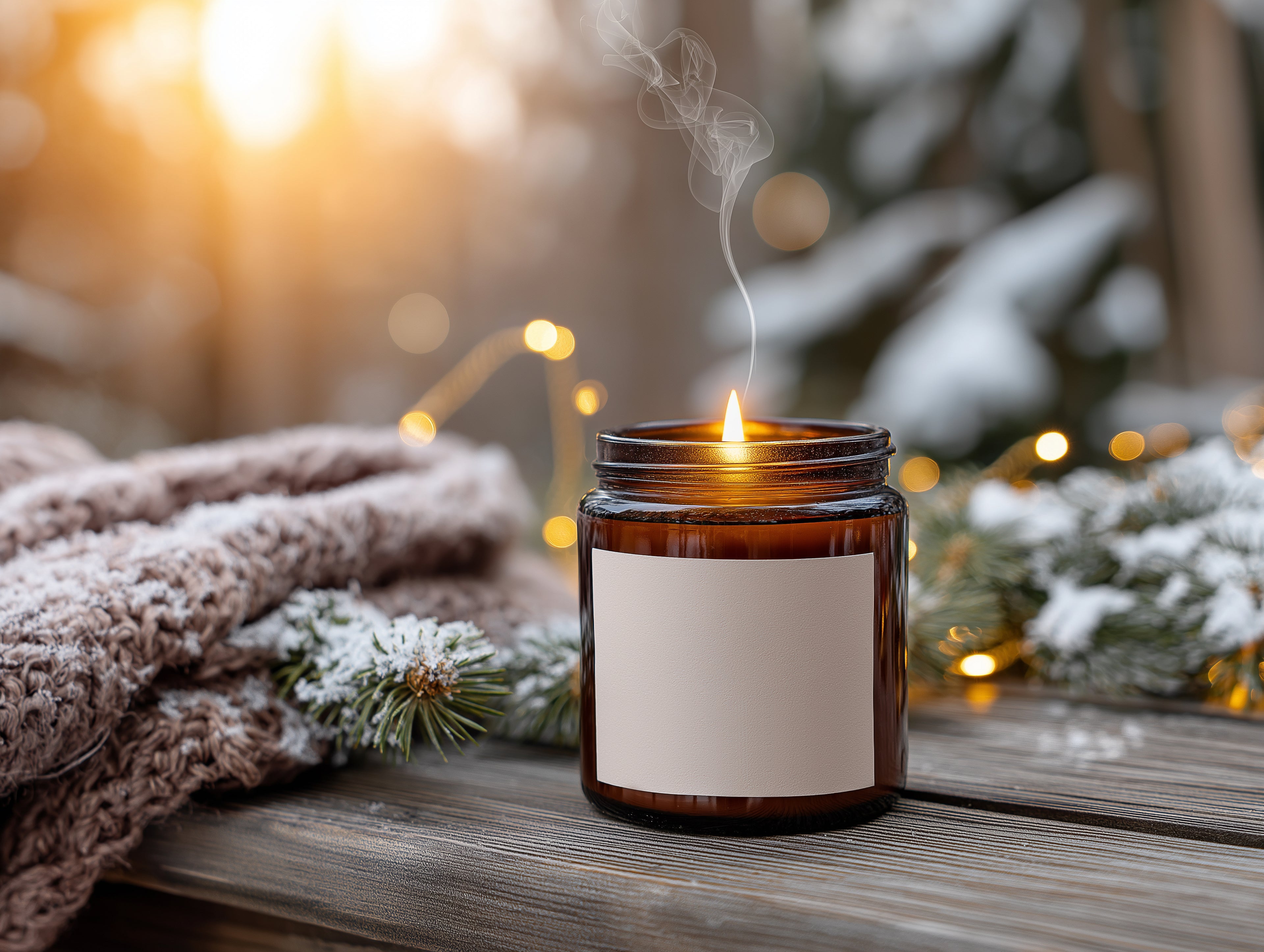 Christmas Amber Candle Mockup PSD Cozy Setting Printify Label Template