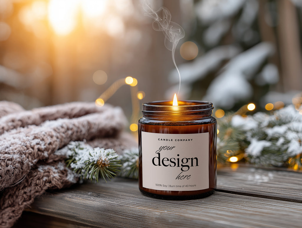 Christmas Amber Candle Mockup PSD Cozy Setting Printify Label Template