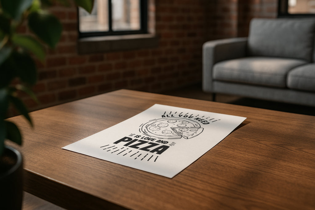 DIN A ratio poster mockup on wooden coffee table in modern loft living room, PSD smart object for wall art, printable artwork, Etsy poster design showcase
