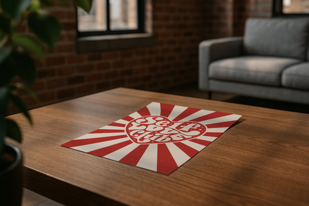 DIN A ratio poster mockup on wooden coffee table in modern loft living room, PSD smart object for wall art, printable artwork, Etsy poster design showcase