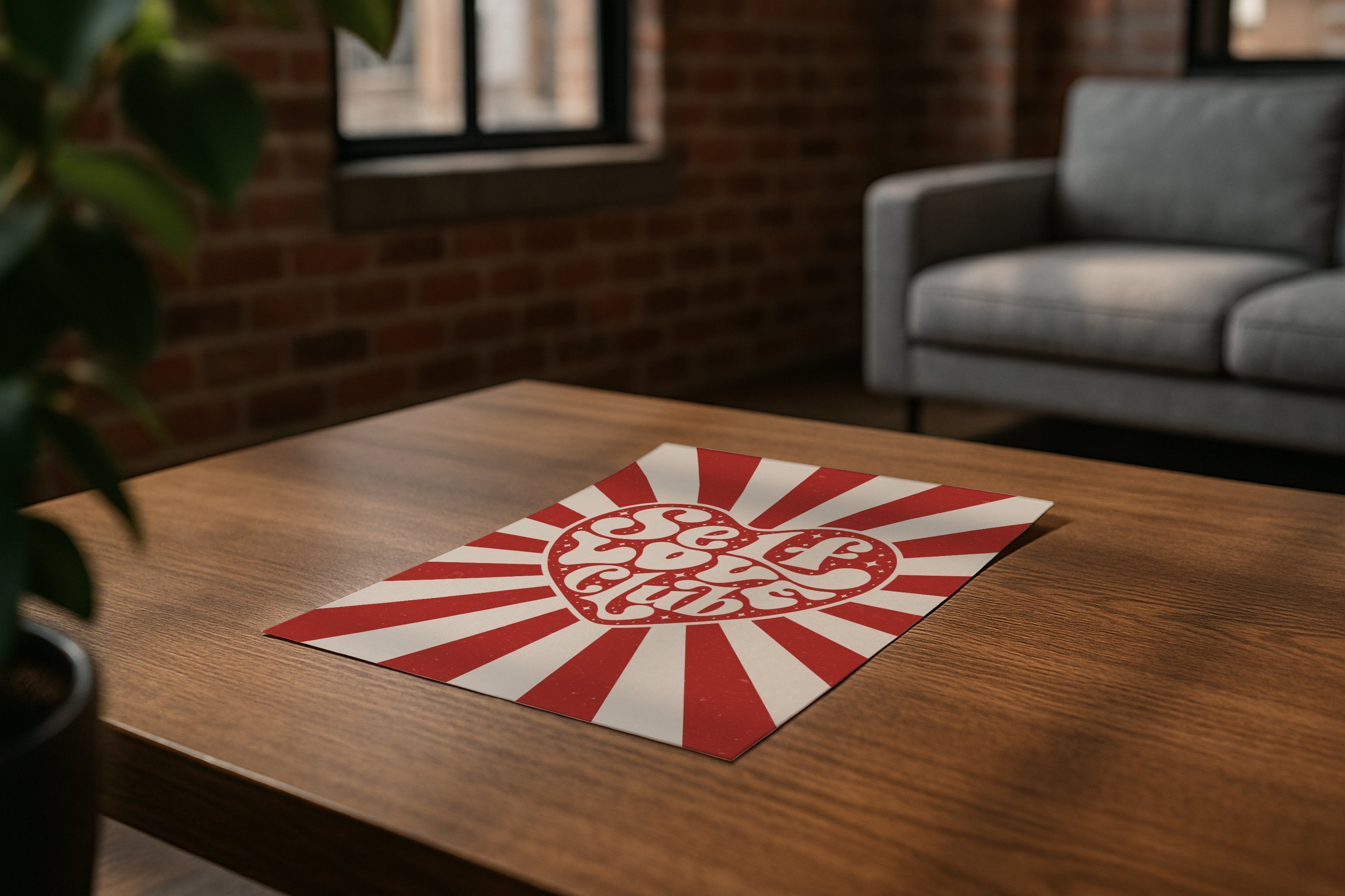 DIN A ratio poster mockup on wooden coffee table in modern loft living room, PSD smart object for wall art, printable artwork, Etsy poster design showcase