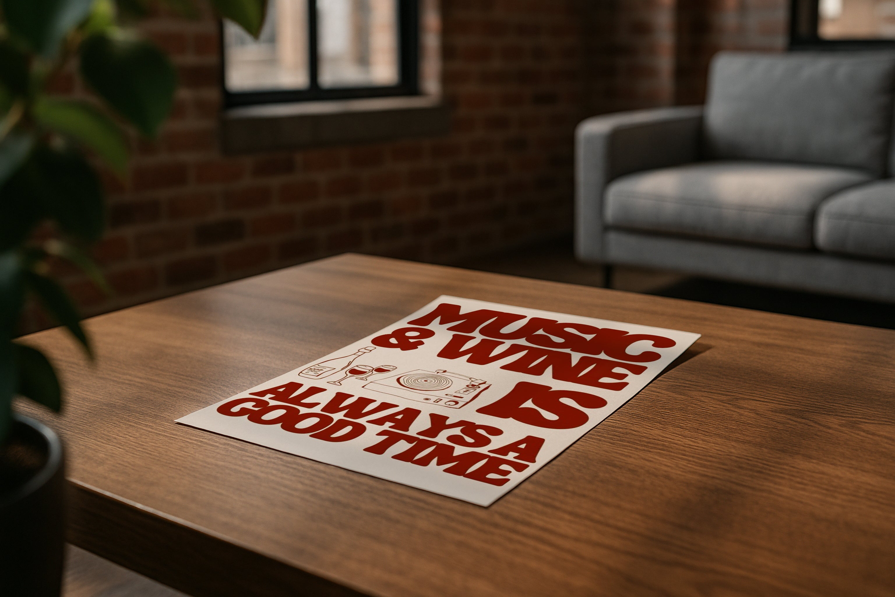 DIN A ratio poster mockup on wooden coffee table in modern loft living room, PSD smart object for wall art, printable artwork, Etsy poster design showcase