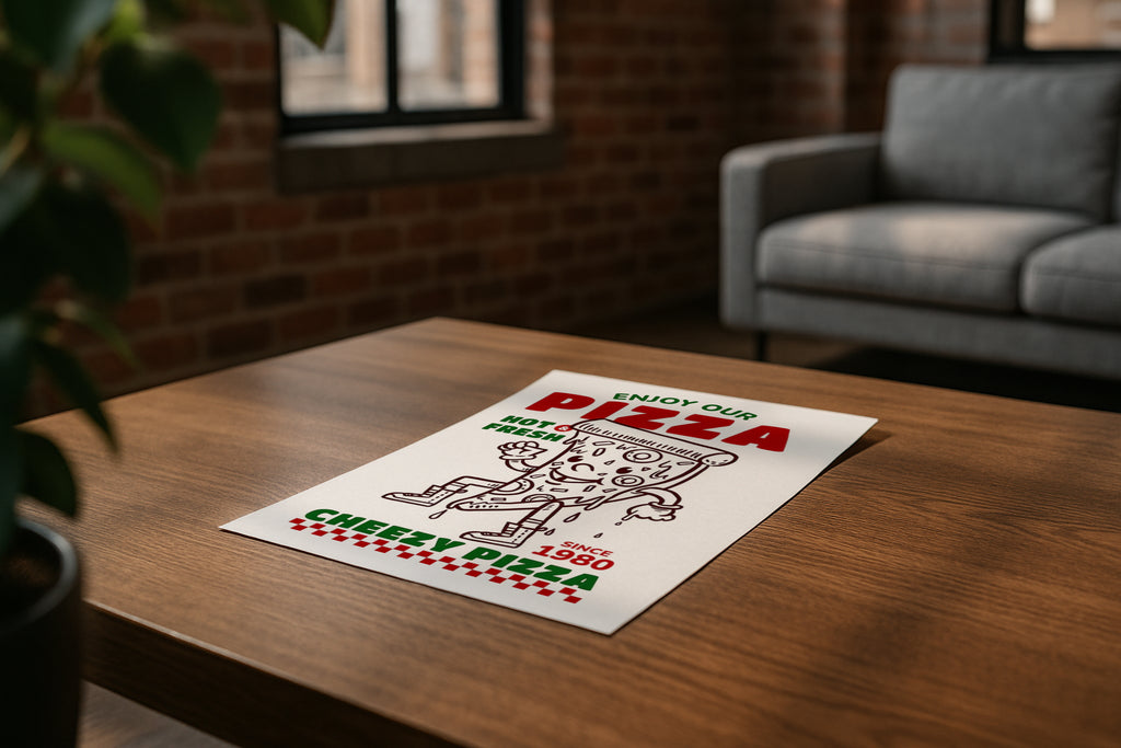 DIN A ratio poster mockup on wooden coffee table in modern loft living room, PSD smart object for wall art, printable artwork, Etsy poster design showcase