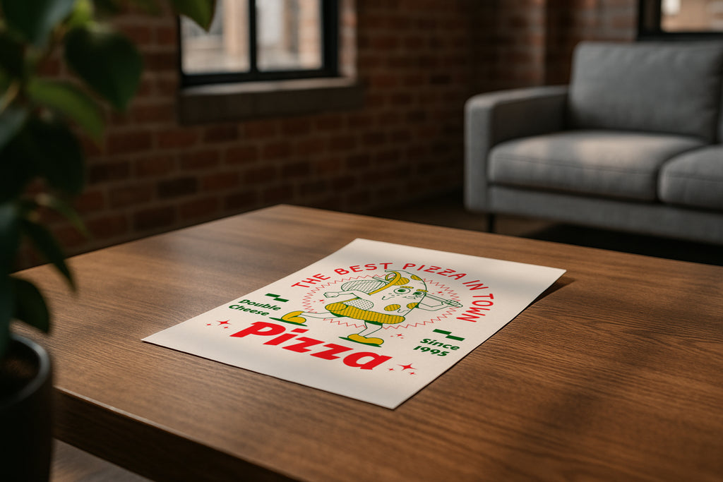 DIN A ratio poster mockup on wooden coffee table in modern loft living room, PSD smart object for wall art, printable artwork, Etsy poster design showcase