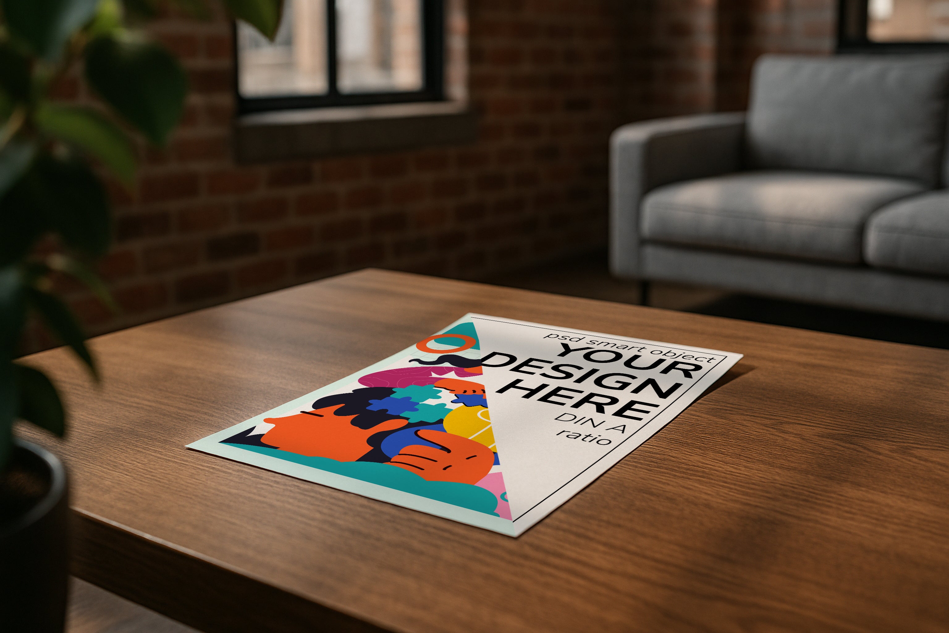 DIN A ratio poster mockup on wooden coffee table in modern loft living room, PSD smart object for wall art, printable artwork, Etsy poster design showcase