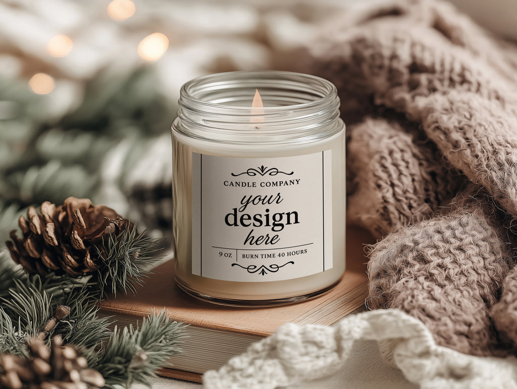Cozy 9oz Clear Jar Candle Mockup PSD Printify Label Template