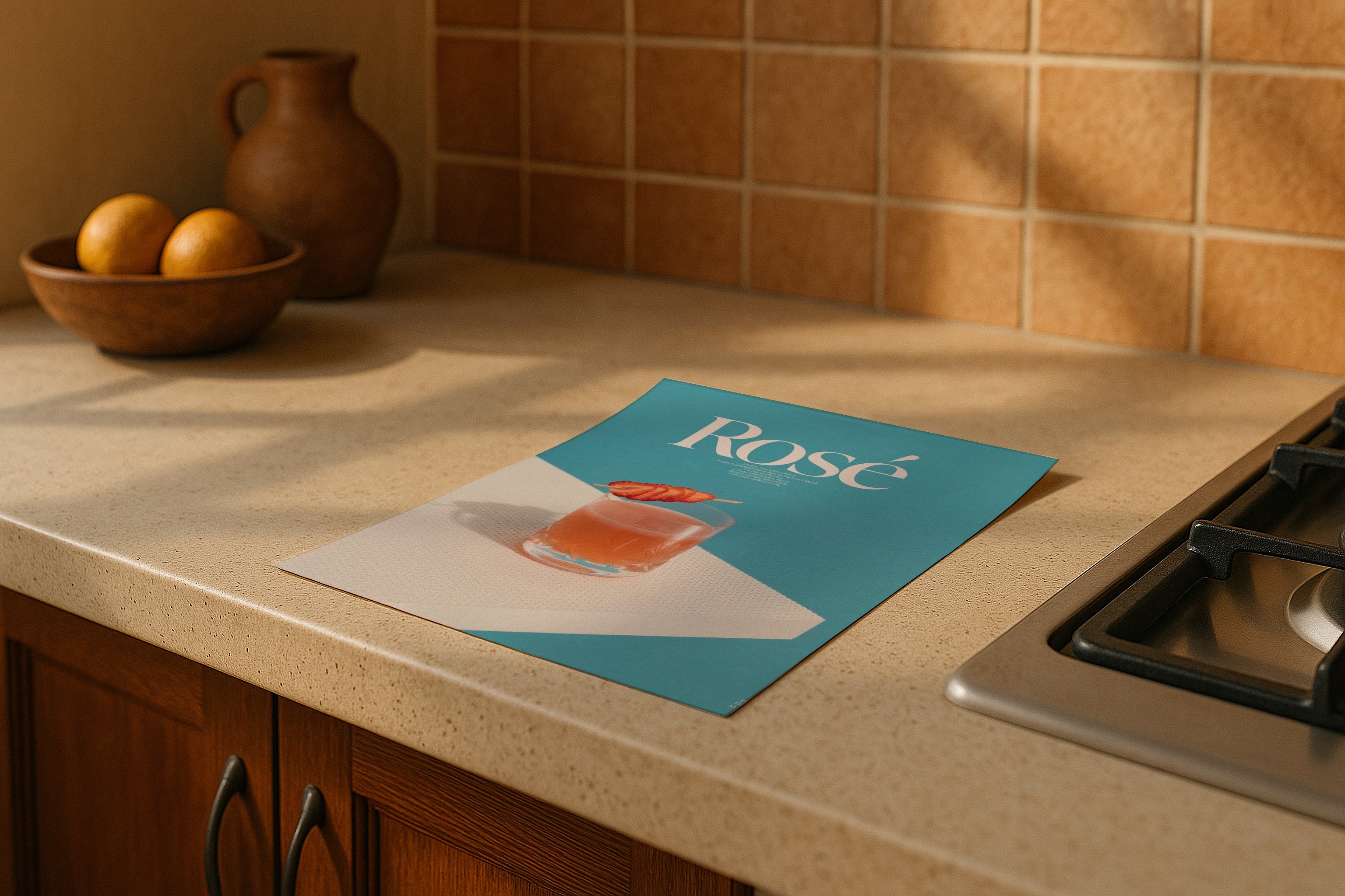 DIN A Ratio poster mockup on kitchen counter with warm natural sunlight, PSD smart object for printable wall art, Etsy poster design and artwork showcase.