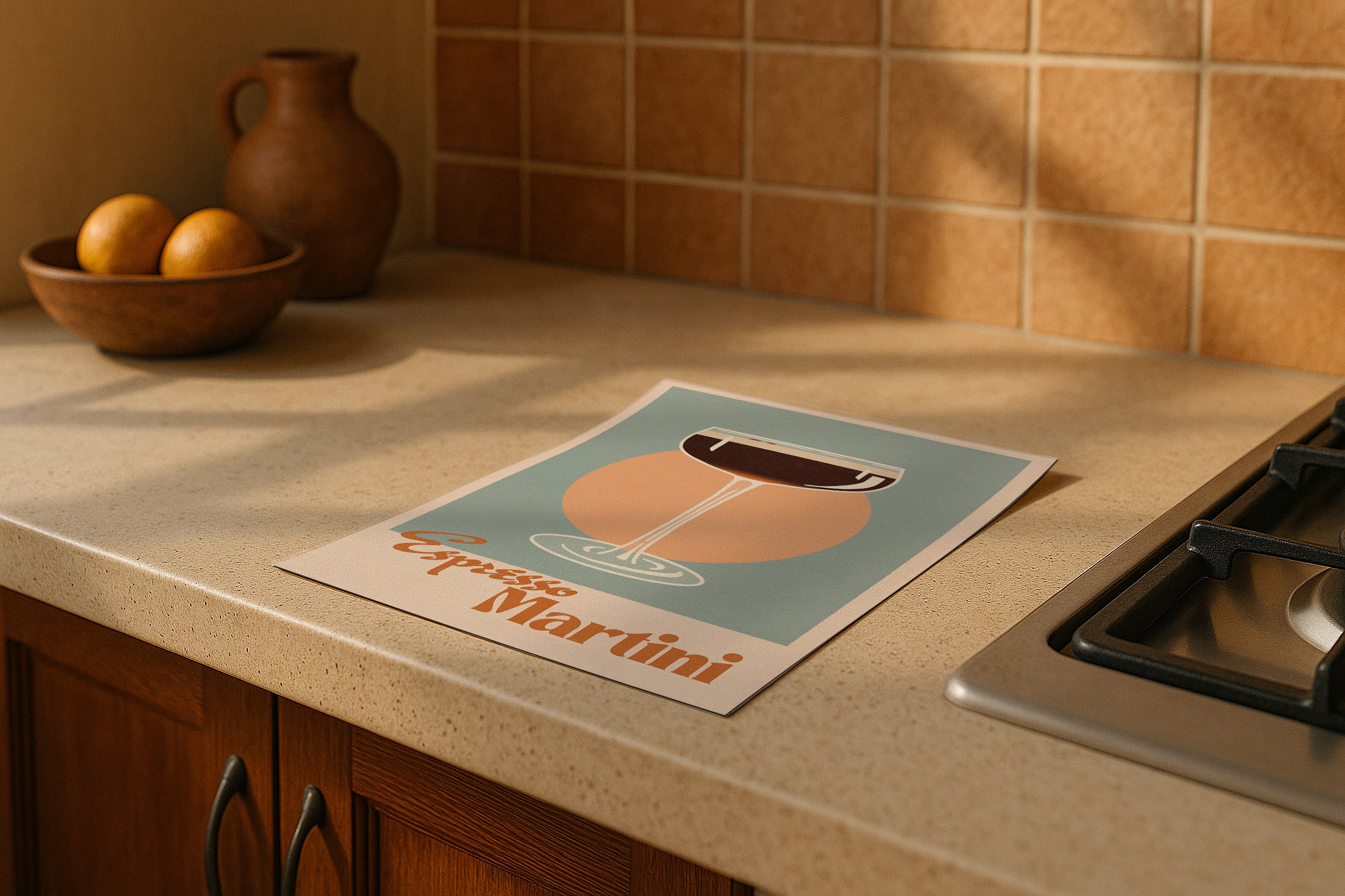 DIN A Ratio poster mockup on kitchen counter with warm natural sunlight, PSD smart object for printable wall art, Etsy poster design and artwork showcase.
