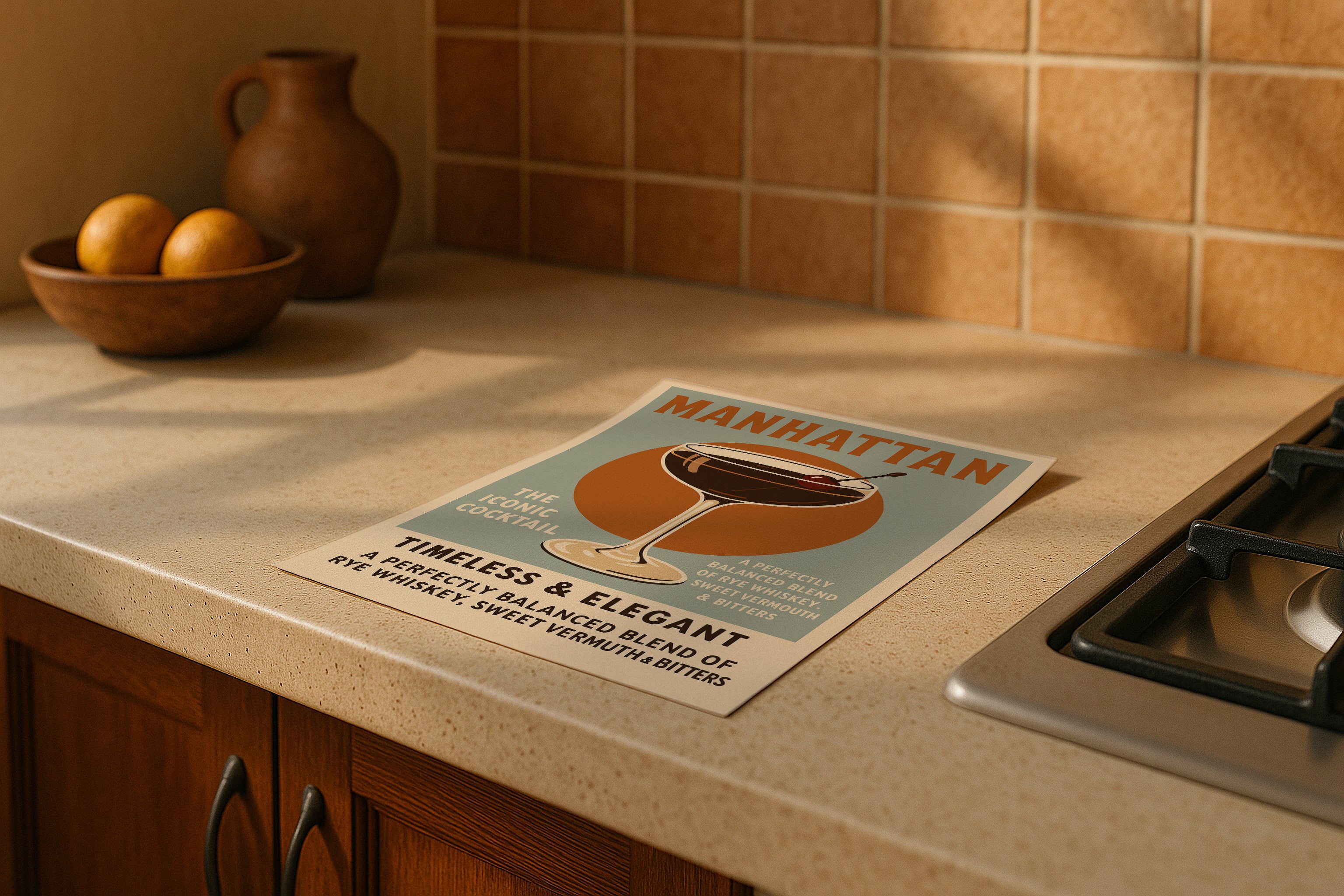 DIN A Ratio poster mockup on kitchen counter with warm natural sunlight, PSD smart object for printable wall art, Etsy poster design and artwork showcase.