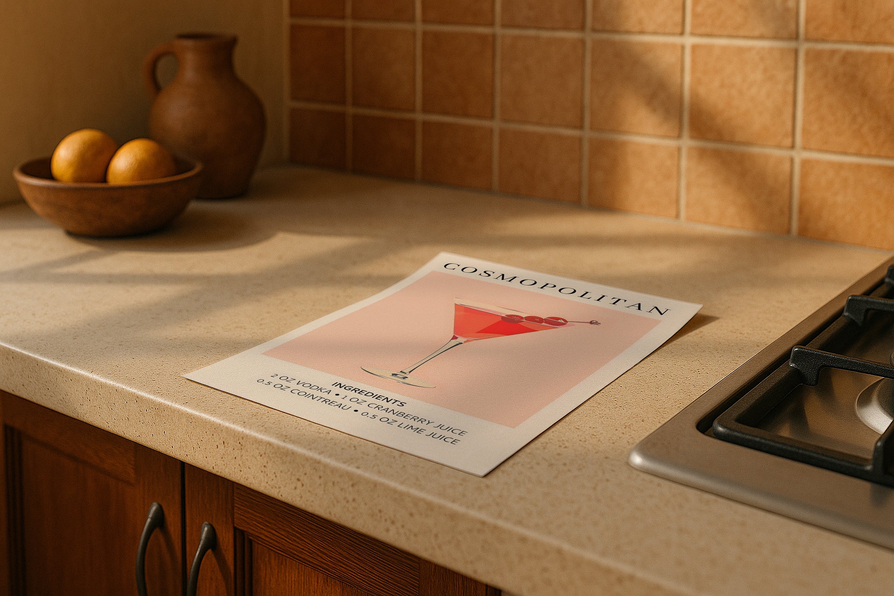 DIN A Ratio poster mockup on kitchen counter with warm natural sunlight, PSD smart object for printable wall art, Etsy poster design and artwork showcase.