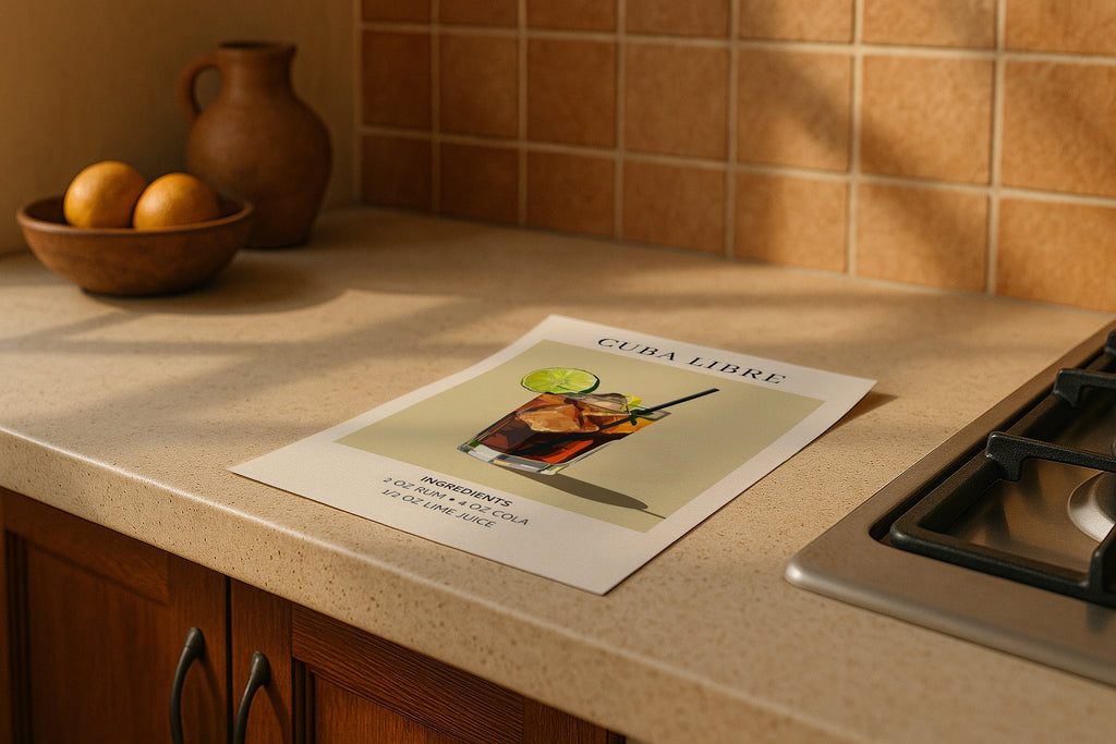 DIN A Ratio poster mockup on kitchen counter with warm natural sunlight, PSD smart object for printable wall art, Etsy poster design and artwork showcase.