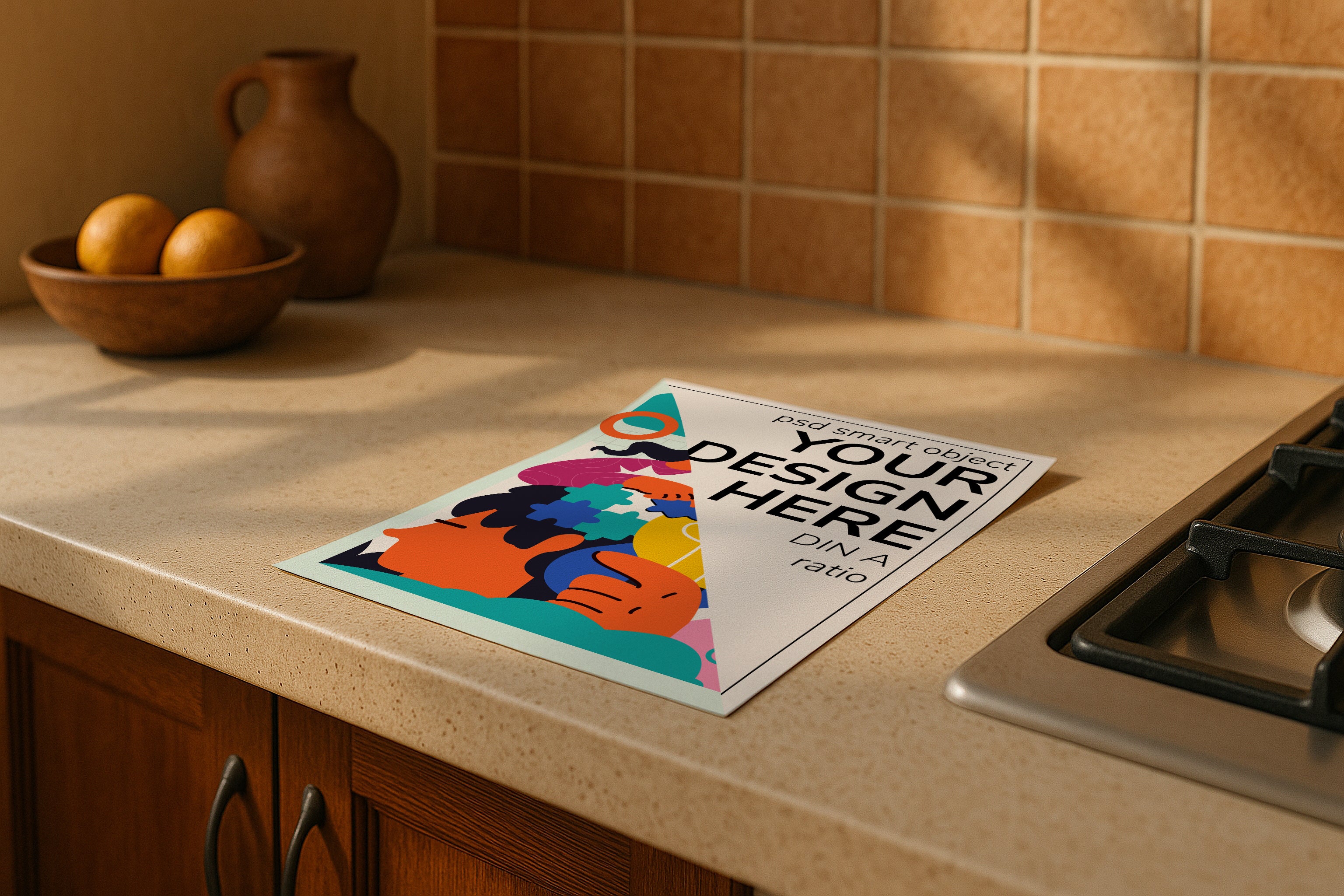DIN A Ratio poster mockup on kitchen counter with warm natural sunlight, PSD smart object for printable wall art, Etsy poster design and artwork showcase.