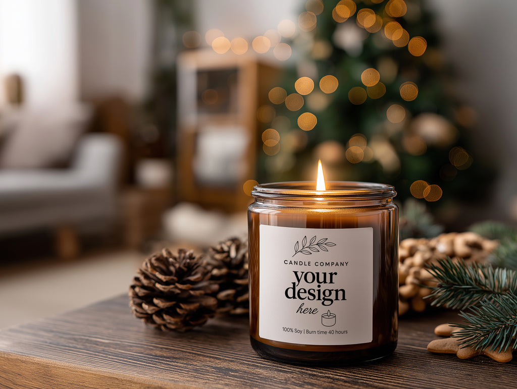 Cozy Christmas Candle Mockup PSD Printify Label Template