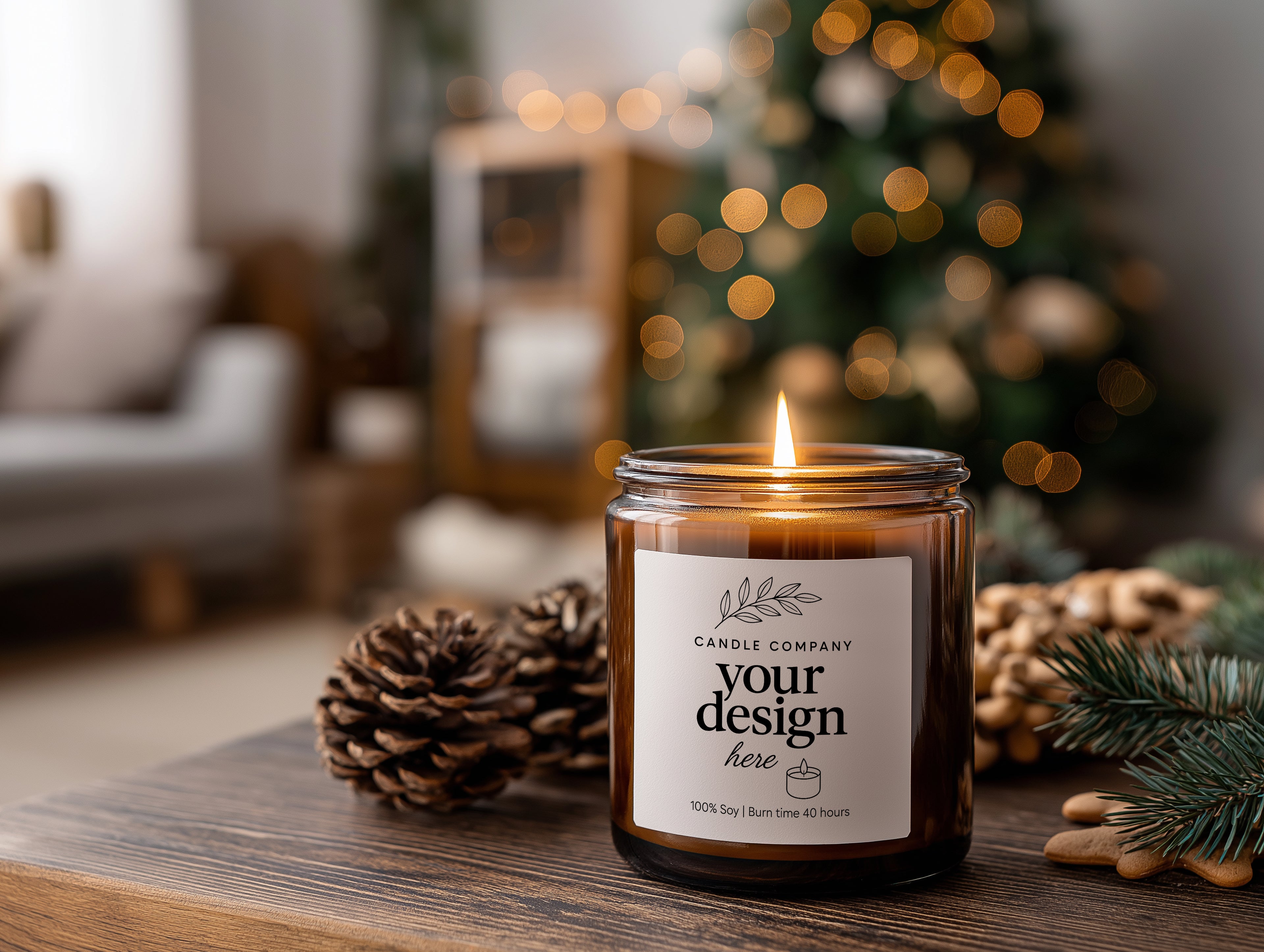 Cozy Christmas Candle Mockup PSD Printify Label Template