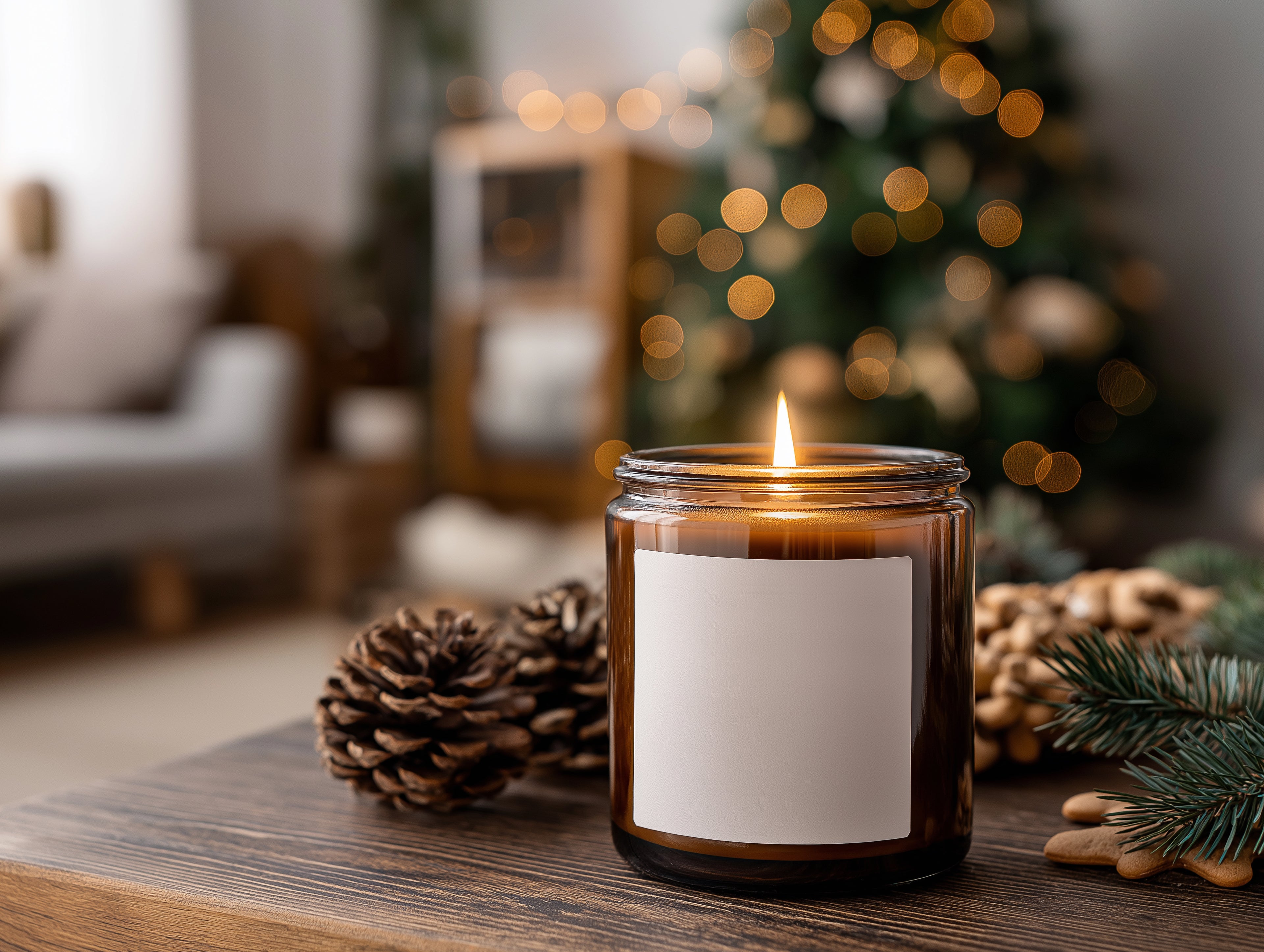 Cozy Christmas Candle Mockup PSD Printify Label Template