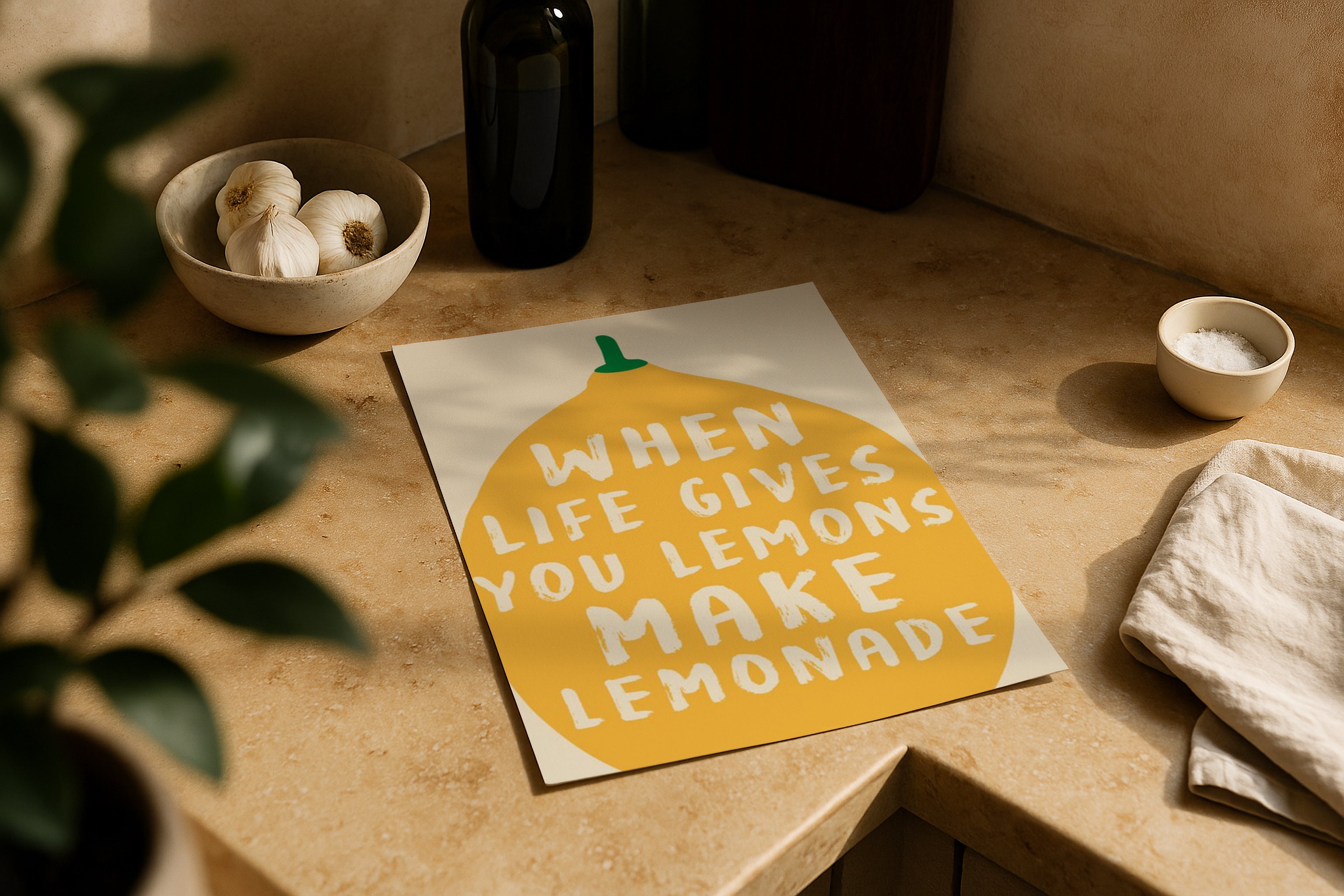 DIN A Ratio poster mockup on kitchen counter with warm natural sunlight, PSD smart object for printable wall art, Etsy poster design and artwork showcase.