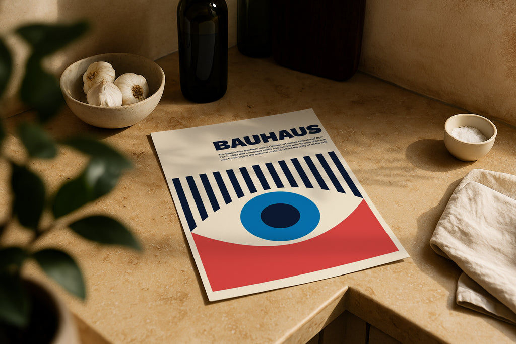 DIN A Ratio poster mockup on kitchen counter with warm natural sunlight, PSD smart object for printable wall art, Etsy poster design and artwork showcase.