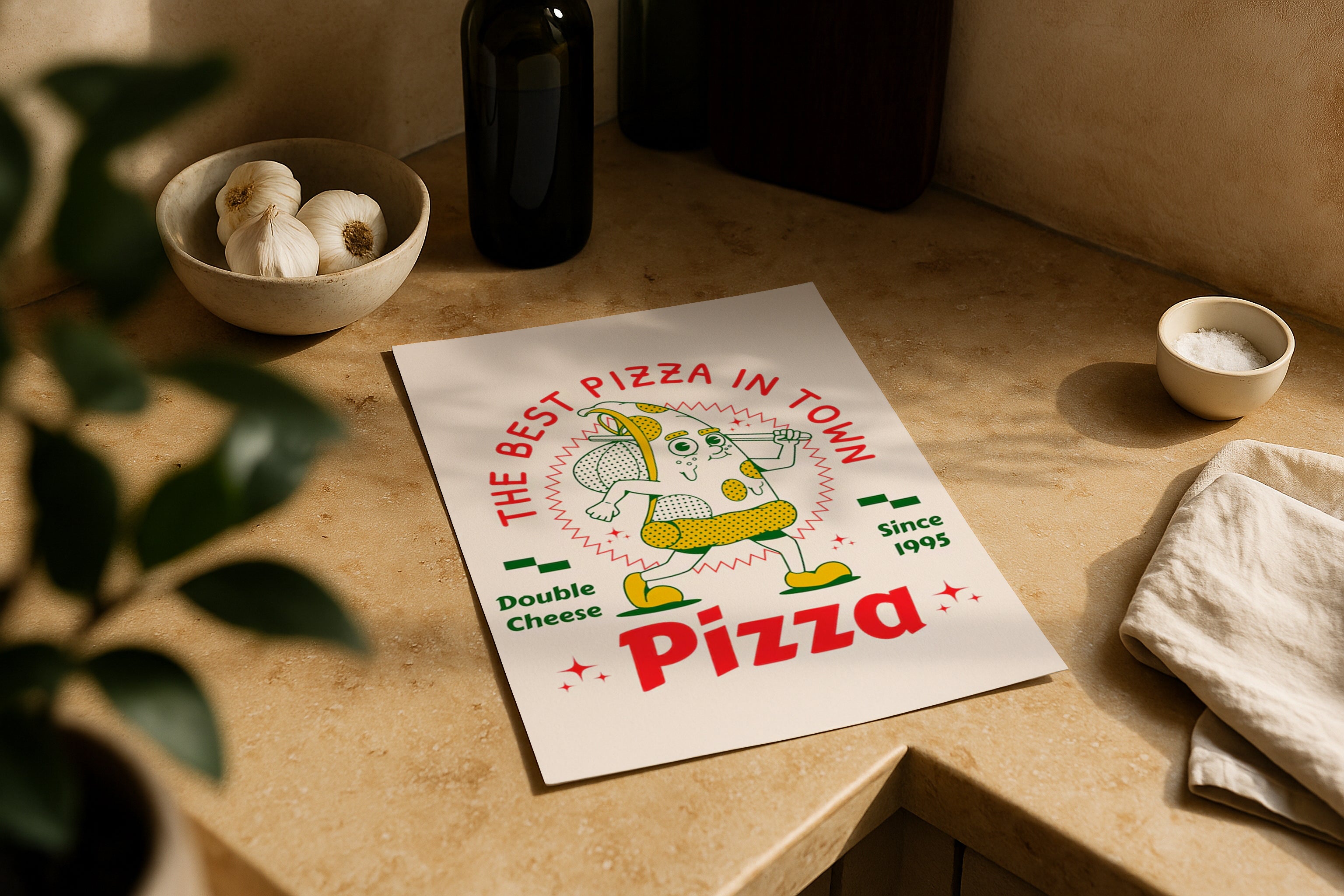 DIN A Ratio poster mockup on kitchen counter with warm natural sunlight, PSD smart object for printable wall art, Etsy poster design and artwork showcase.