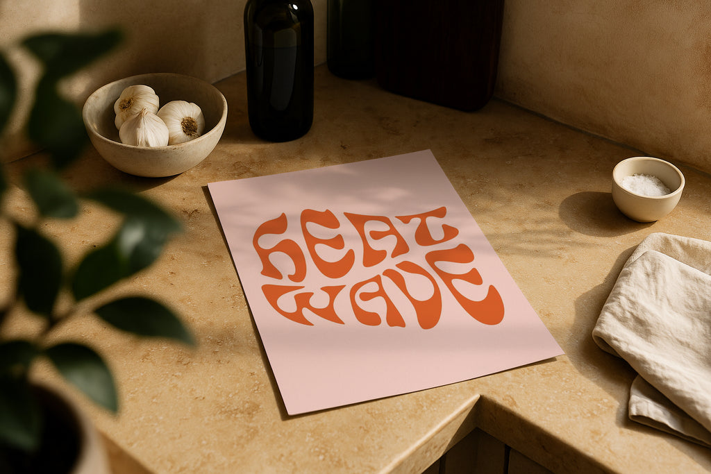 DIN A Ratio poster mockup on kitchen counter with warm natural sunlight, PSD smart object for printable wall art, Etsy poster design and artwork showcase.