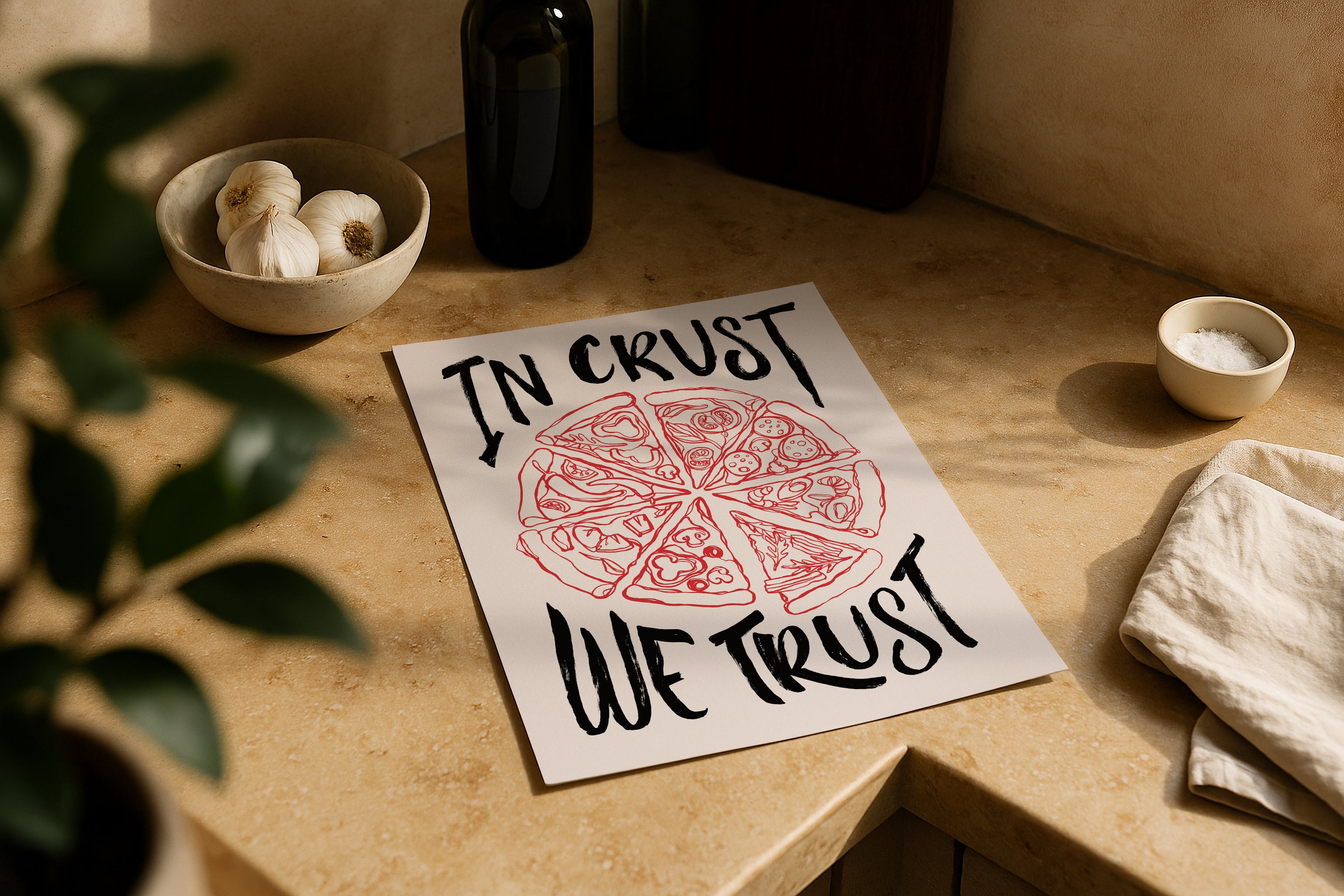 DIN A Ratio poster mockup on kitchen counter with warm natural sunlight, PSD smart object for printable wall art, Etsy poster design and artwork showcase.