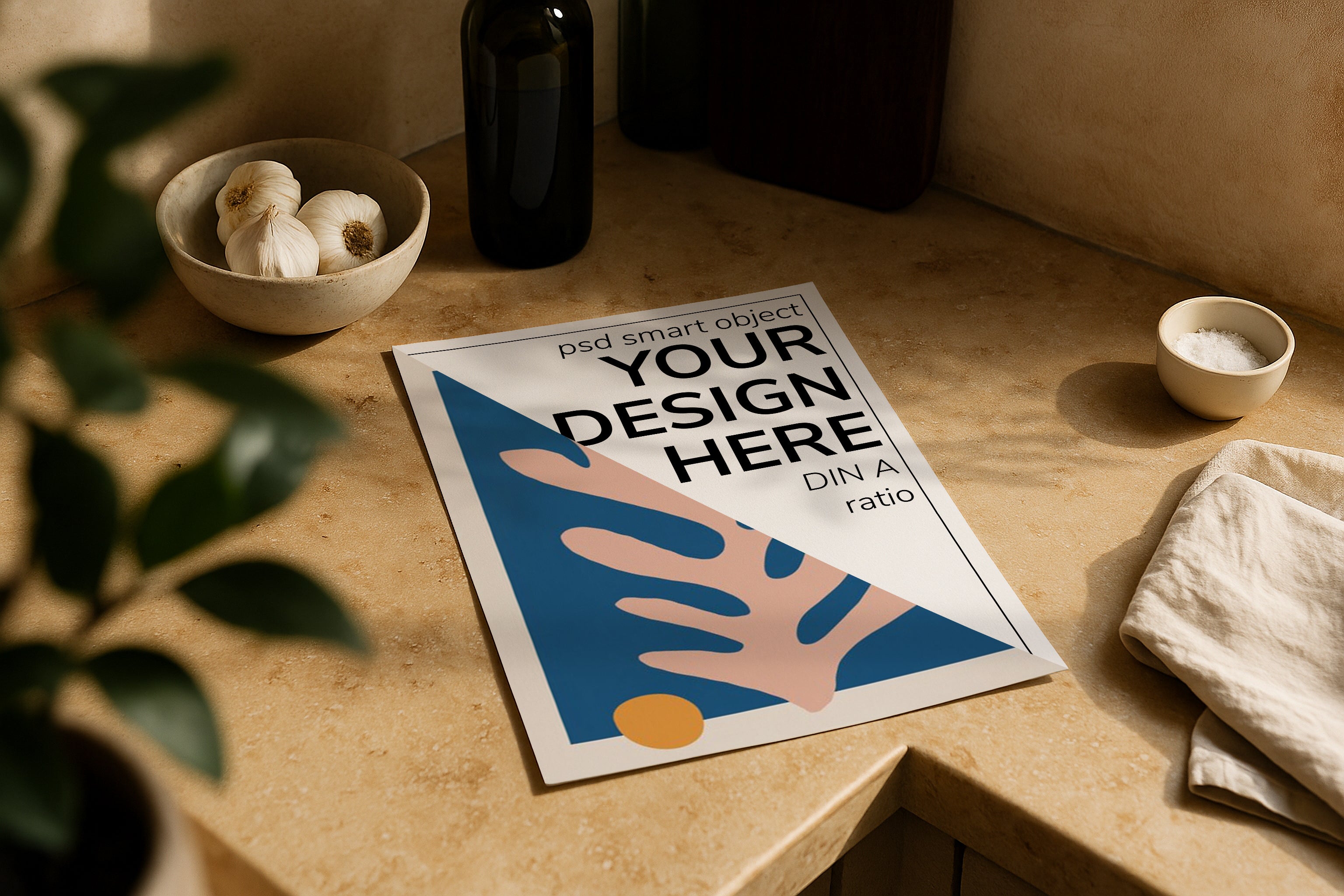 DIN A Ratio poster mockup on kitchen counter with warm natural sunlight, PSD smart object for printable wall art, Etsy poster design and artwork showcase.