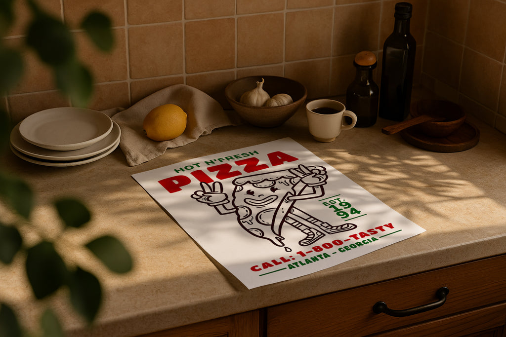 DIN A Ratio poster mockup on kitchen counter with warm natural sunlight, PSD smart object for printable wall art, Etsy poster design and artwork showcase.