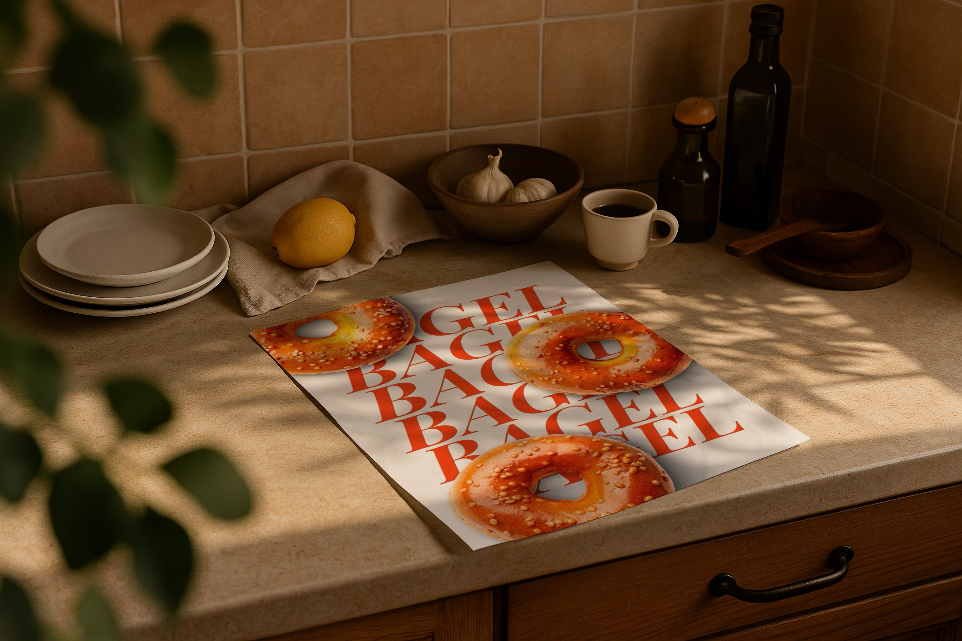 DIN A Ratio poster mockup on kitchen counter with warm natural sunlight, PSD smart object for printable wall art, Etsy poster design and artwork showcase.