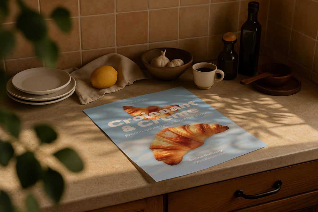 DIN A Ratio poster mockup on kitchen counter with warm natural sunlight, PSD smart object for printable wall art, Etsy poster design and artwork showcase.