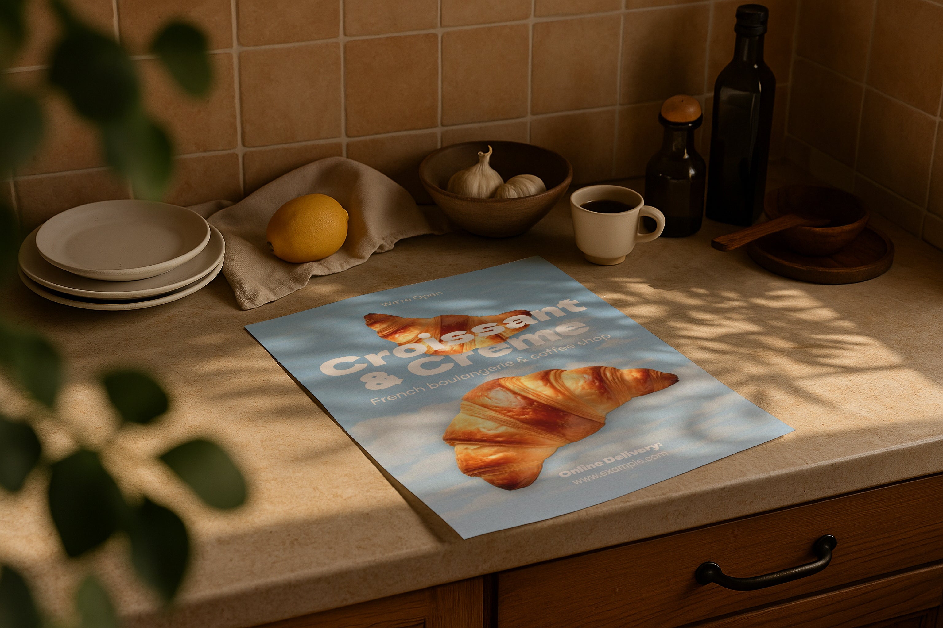 DIN A Ratio poster mockup on kitchen counter with warm natural sunlight, PSD smart object for printable wall art, Etsy poster design and artwork showcase.