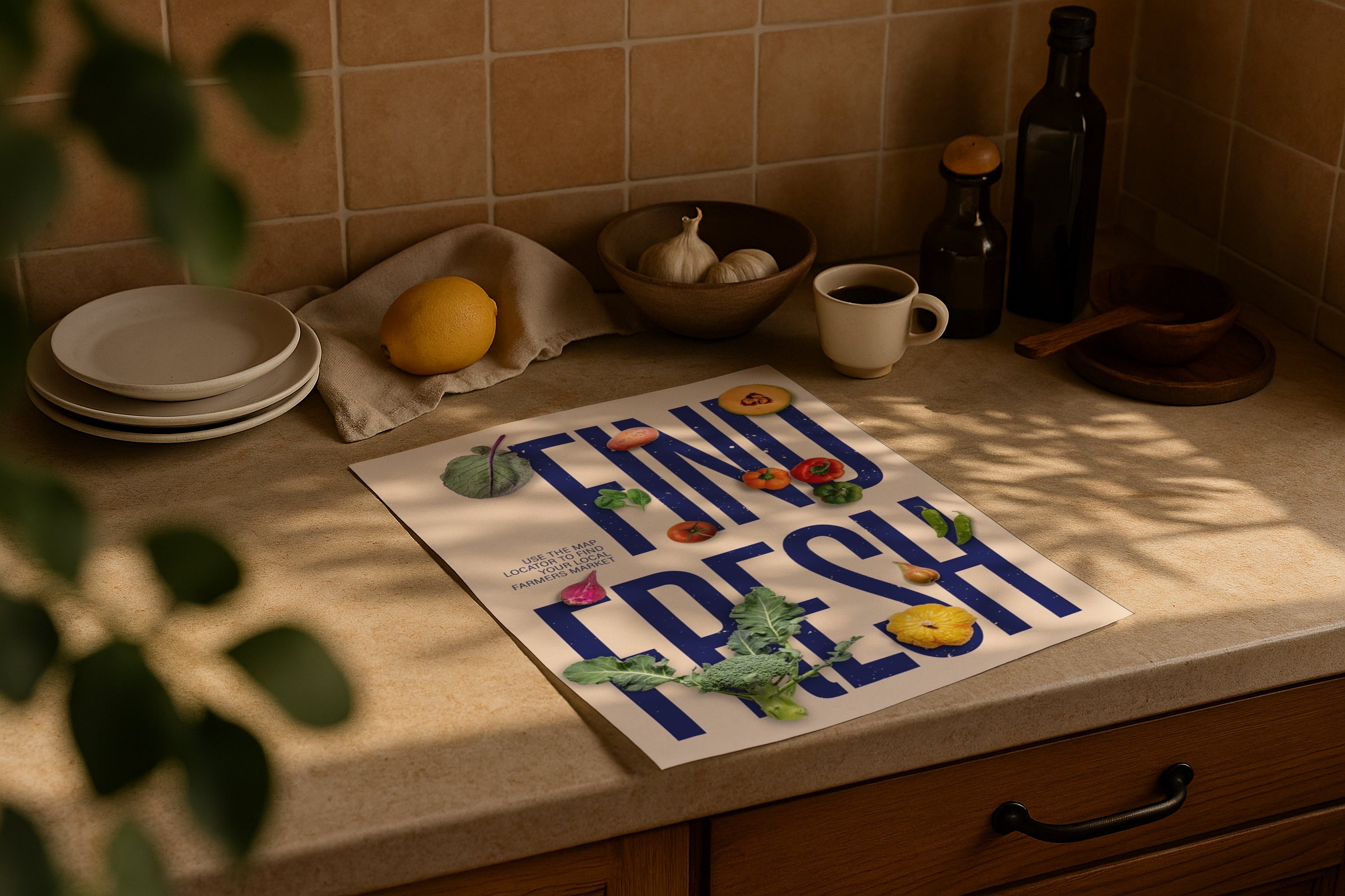 DIN A Ratio poster mockup on kitchen counter with warm natural sunlight, PSD smart object for printable wall art, Etsy poster design and artwork showcase.