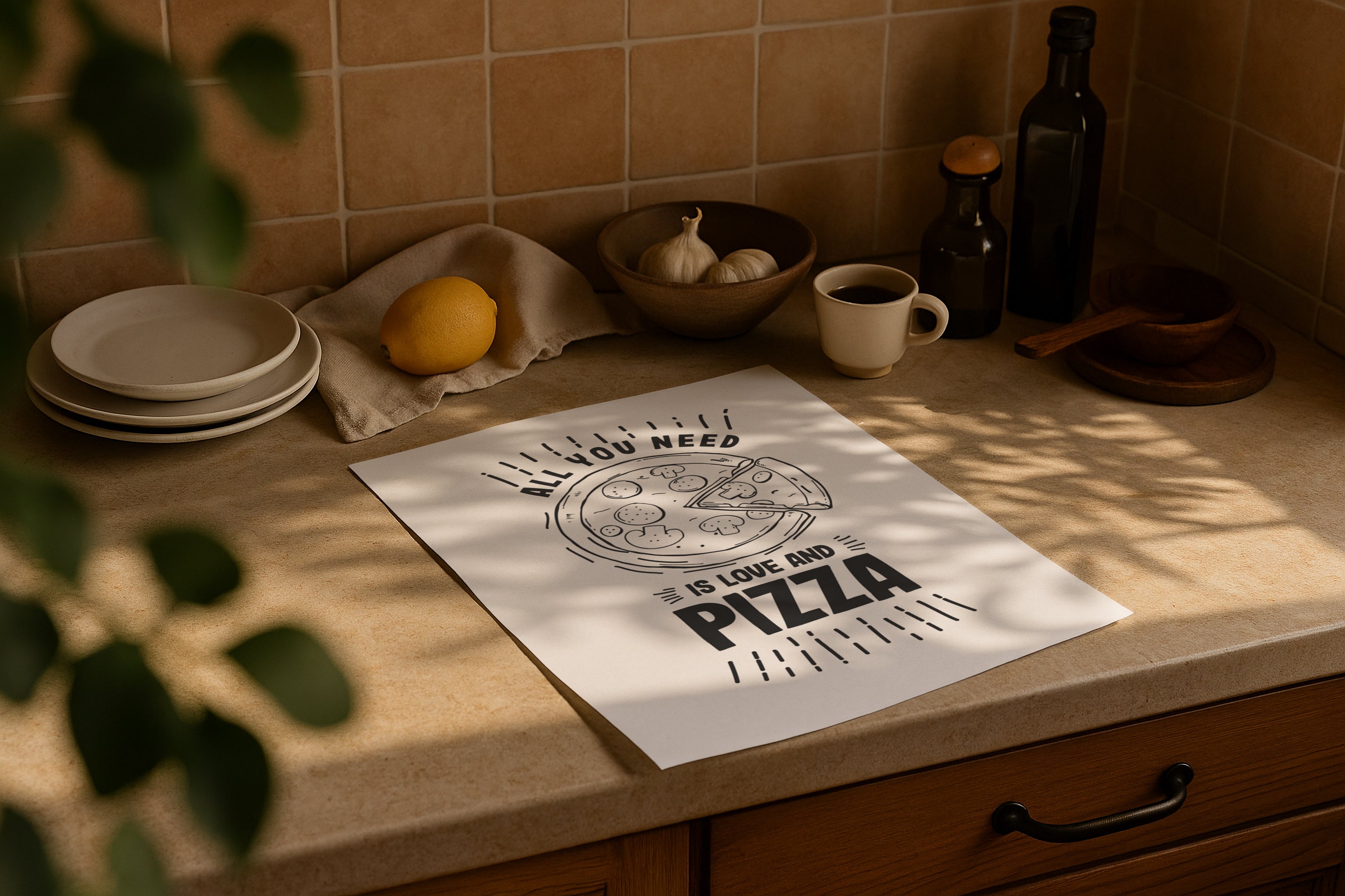 DIN A Ratio poster mockup on kitchen counter with warm natural sunlight, PSD smart object for printable wall art, Etsy poster design and artwork showcase.
