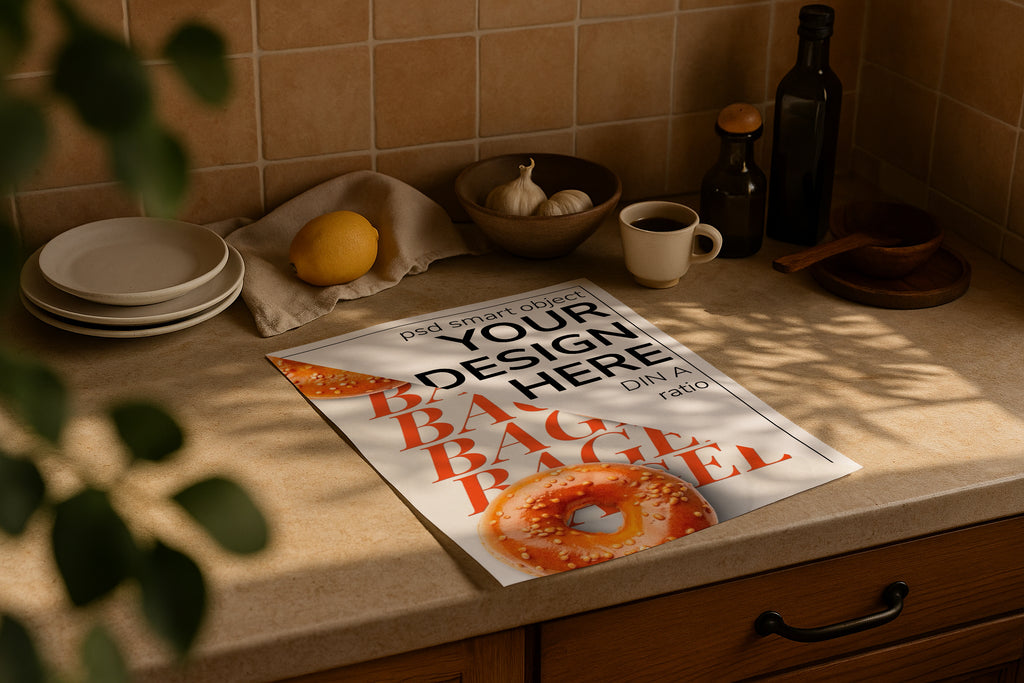 DIN A Ratio poster mockup on kitchen counter with warm natural sunlight, PSD smart object for printable wall art, Etsy poster design and artwork showcase.