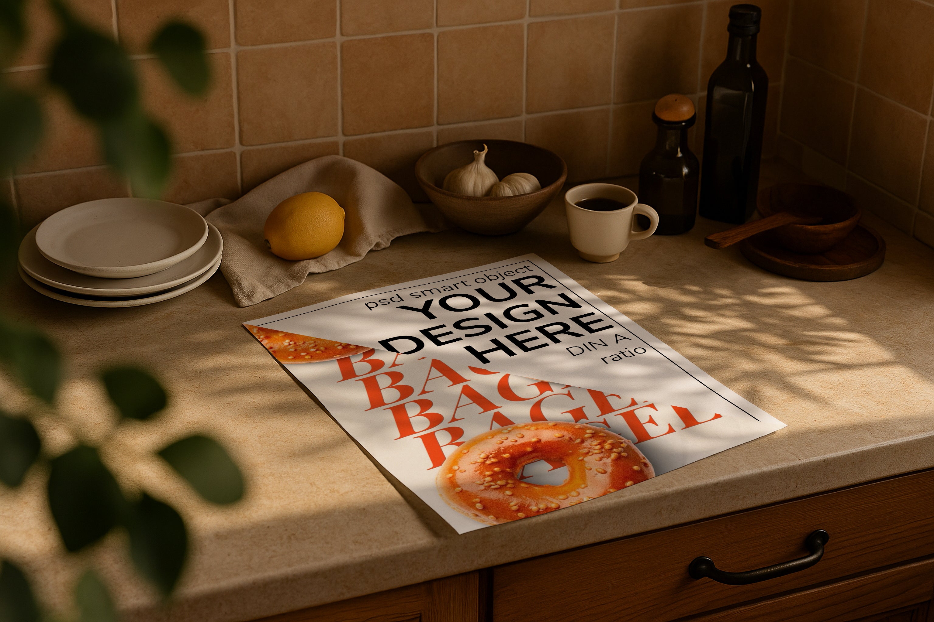 DIN A Ratio poster mockup on kitchen counter with warm natural sunlight, PSD smart object for printable wall art, Etsy poster design and artwork showcase.