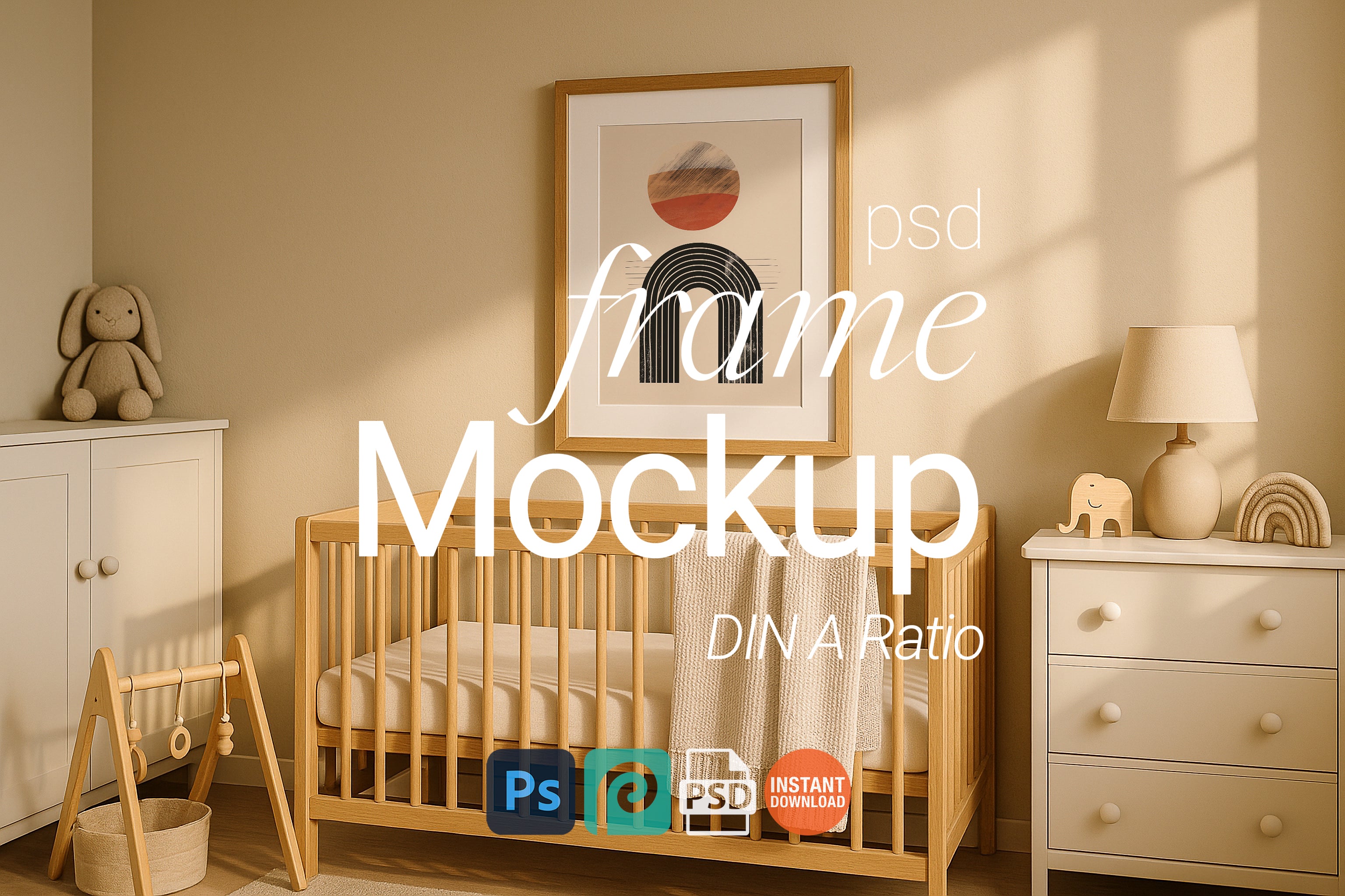 Nursery Single Wooden Frame Mockup Boho Interior Wall Art Digital Poster PSD Template