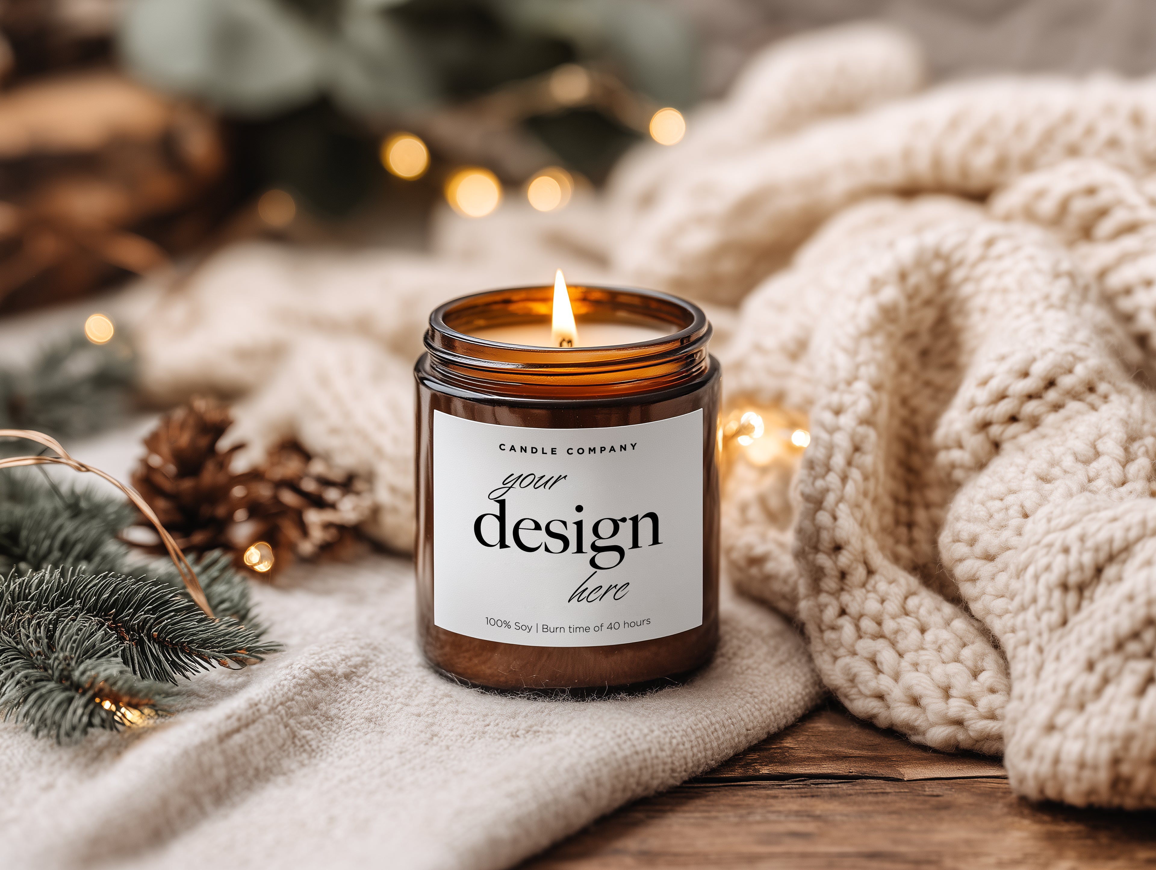 Cozy Christmas Amber Jar Candle Mockup PSD Smart Object Print on Demand Printify Template
