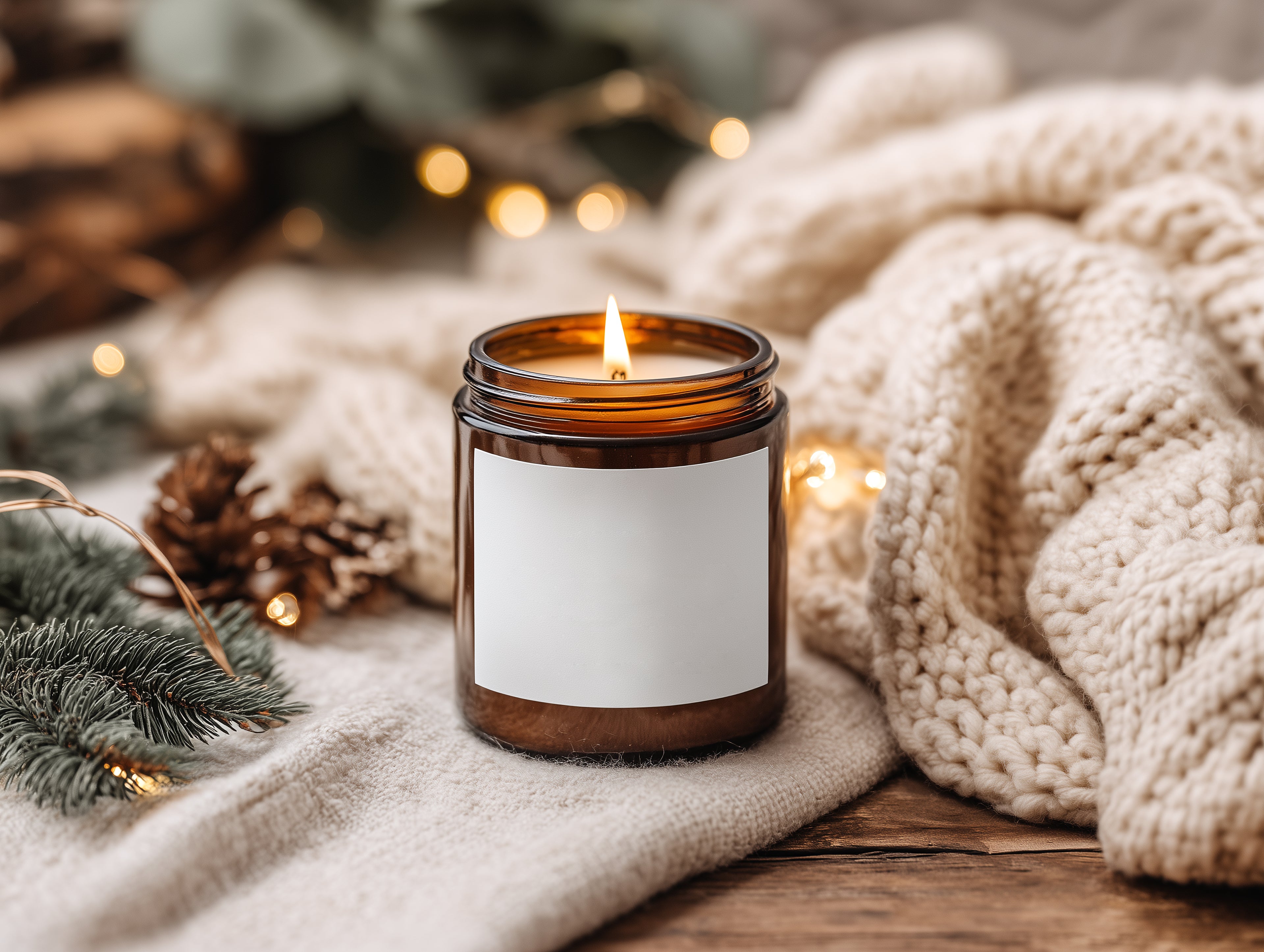 Cozy Christmas Amber Jar Candle Mockup PSD Smart Object Print on Demand Printify Template