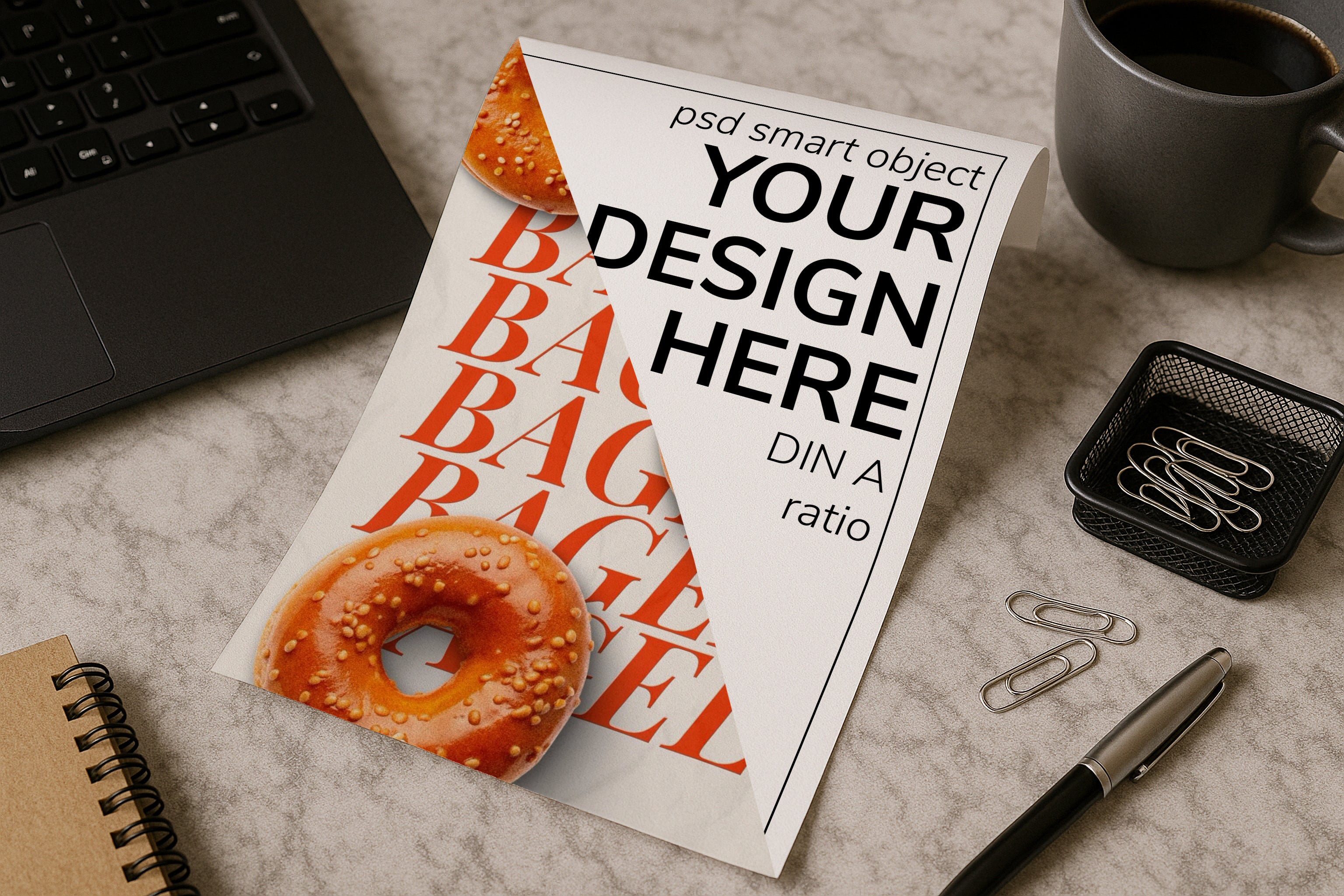 A4 poster mockup on marble desk with laptop, coffee and stationery, PSD smart object template for artwork, typography, graphic design and Etsy prints.