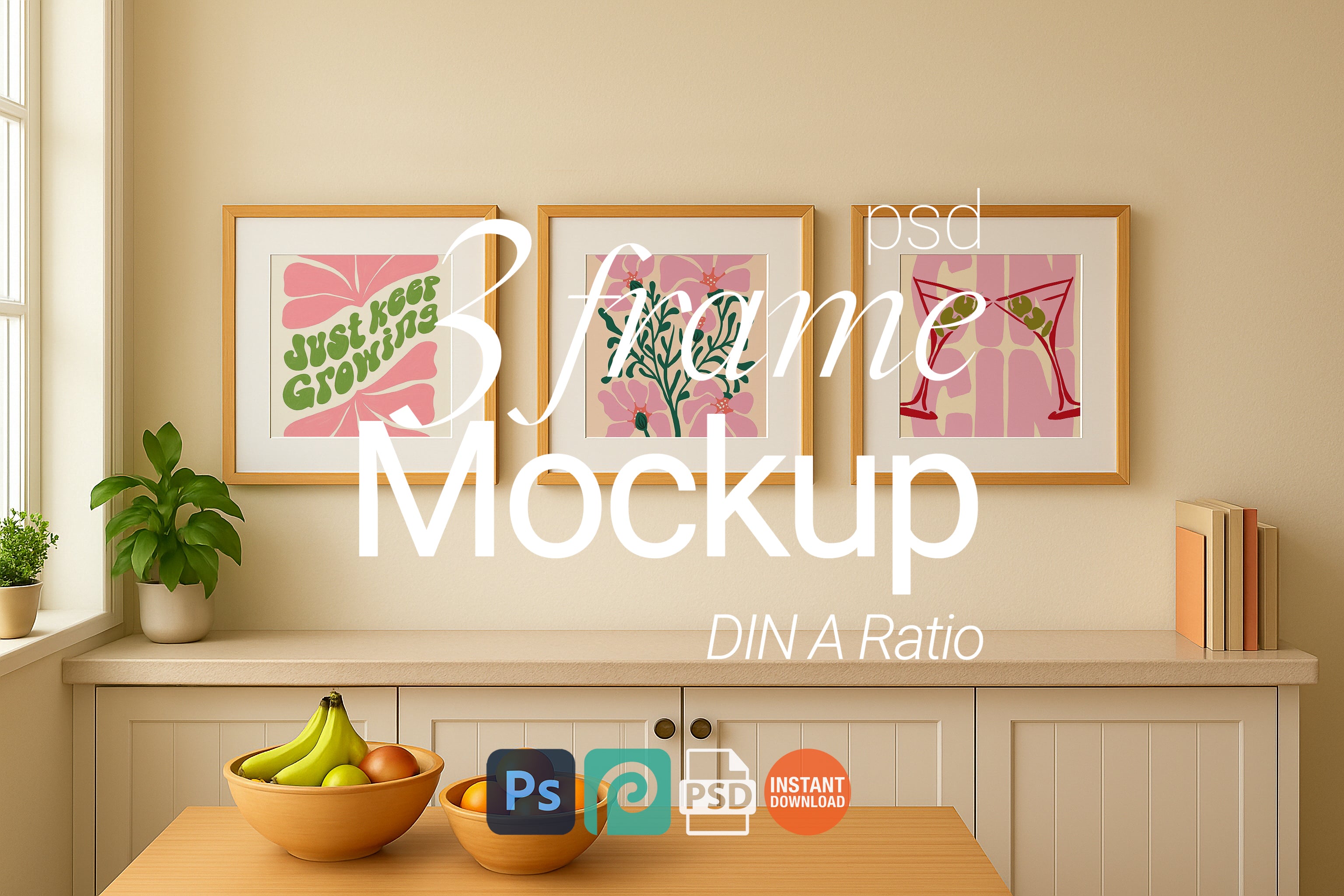 Square Frame Mockup PSD Wooden Kitchen Wall Art Poster Template