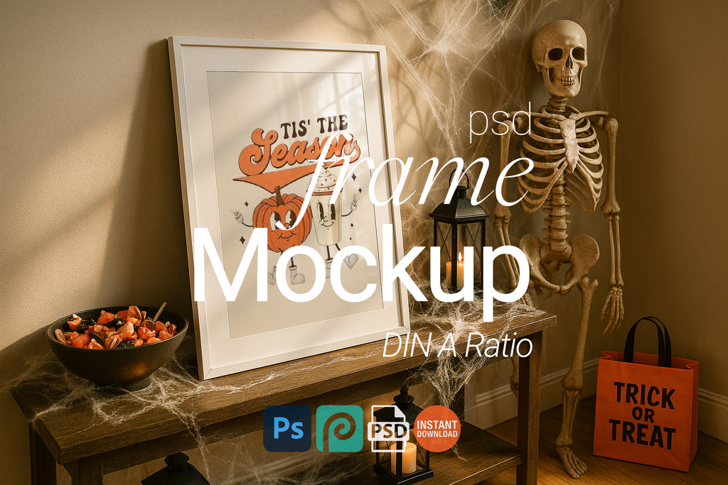 Halloween Single White Frame Mockup Rustic Wall Art Digital Poster PSD Template