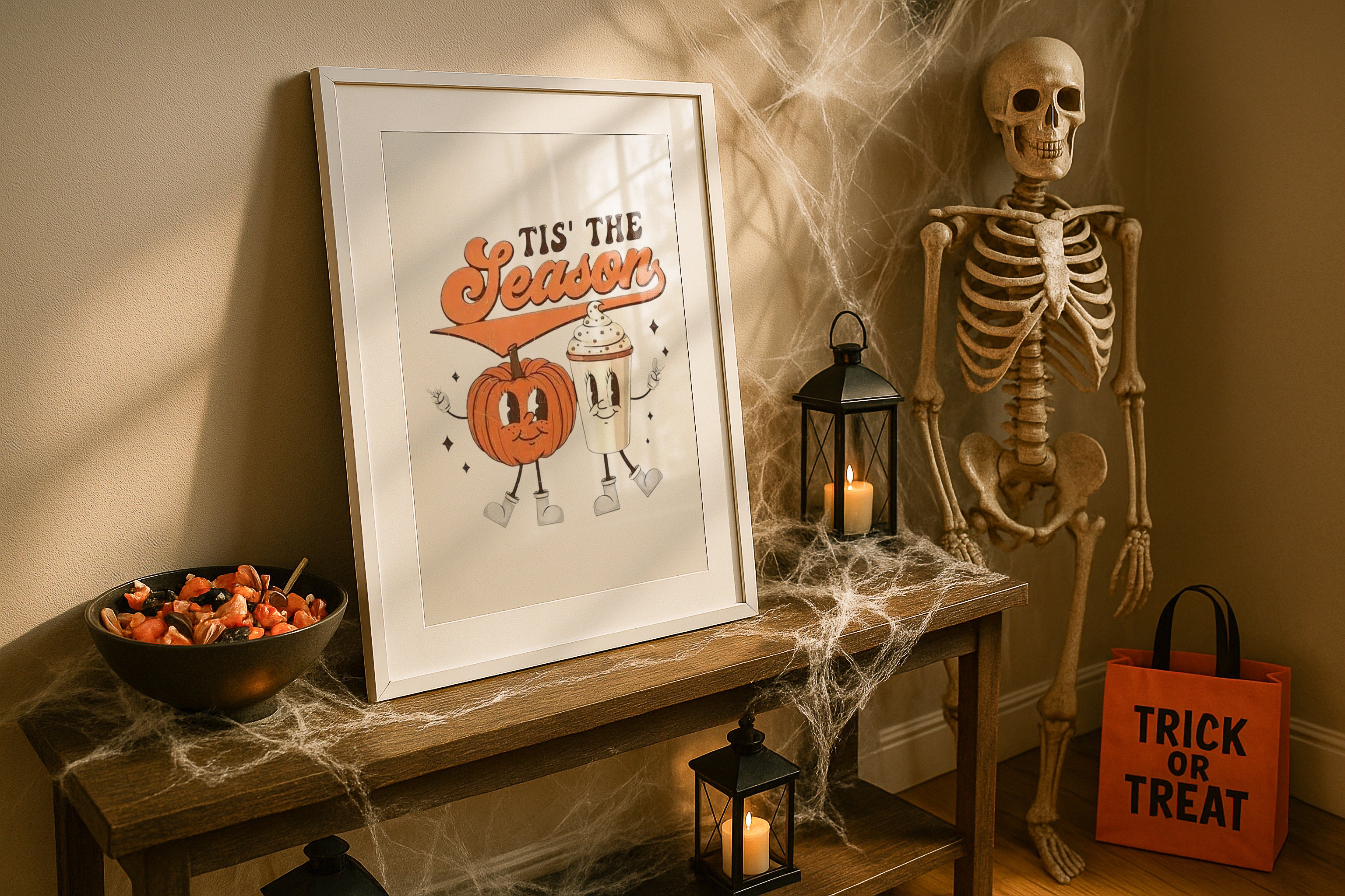 Halloween Single White Frame Mockup Rustic Wall Art Digital Poster PSD Template