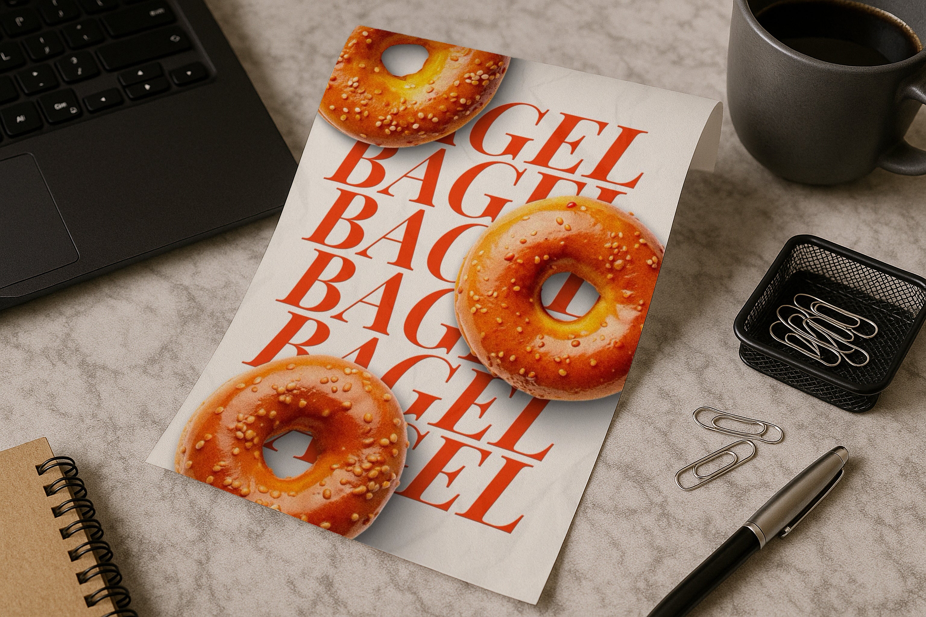 A4 poster mockup on marble desk with laptop, coffee and stationery, PSD smart object template for artwork, typography, graphic design and Etsy prints.