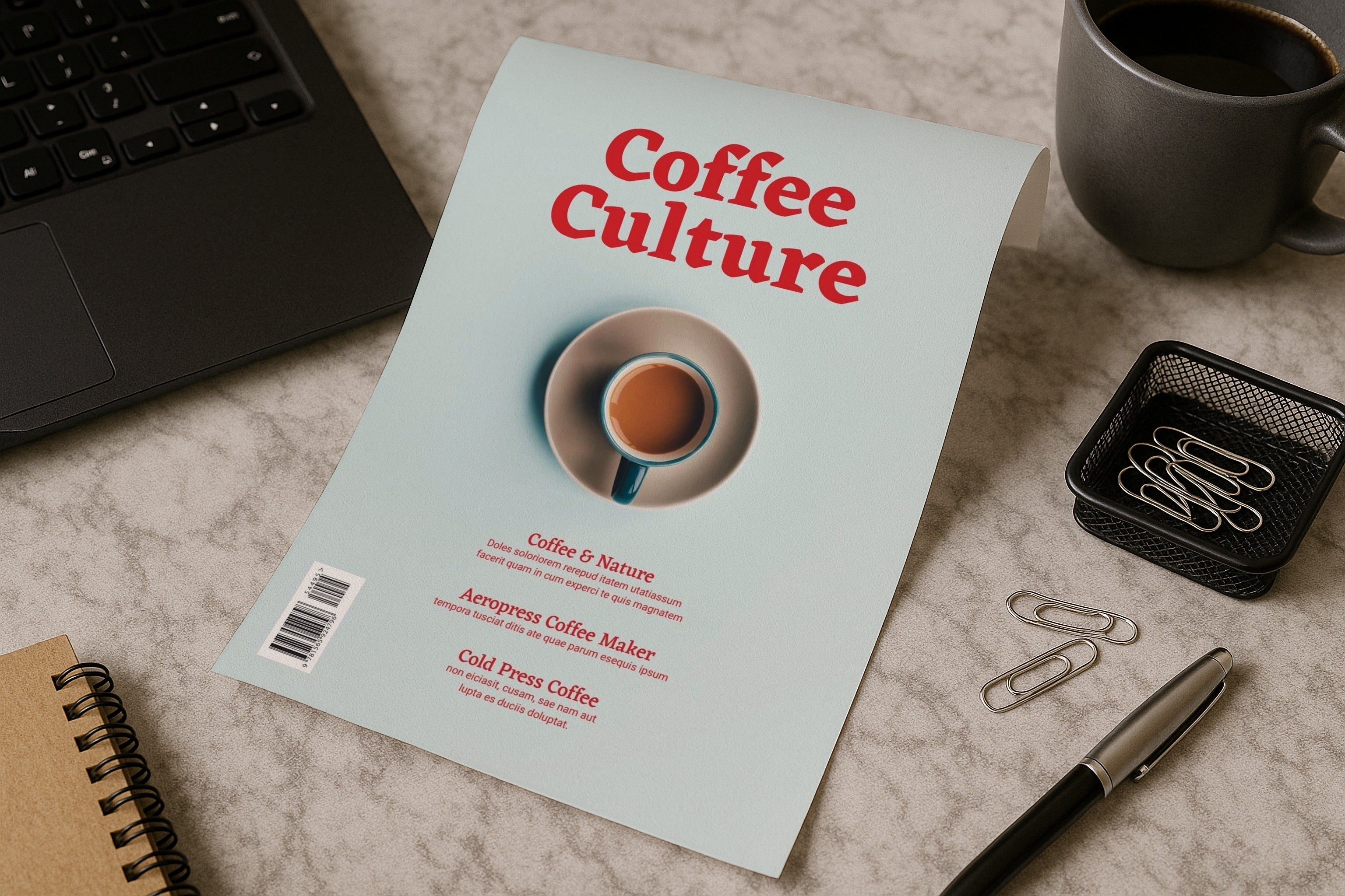 A4 poster mockup on marble desk with laptop, coffee and stationery, PSD smart object template for artwork, typography, graphic design and Etsy prints.