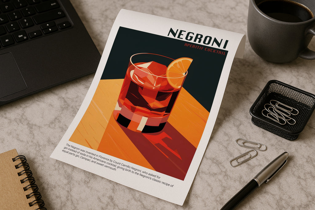 A4 poster mockup on marble desk with laptop, coffee and stationery, PSD smart object template for artwork, typography, graphic design and Etsy prints.