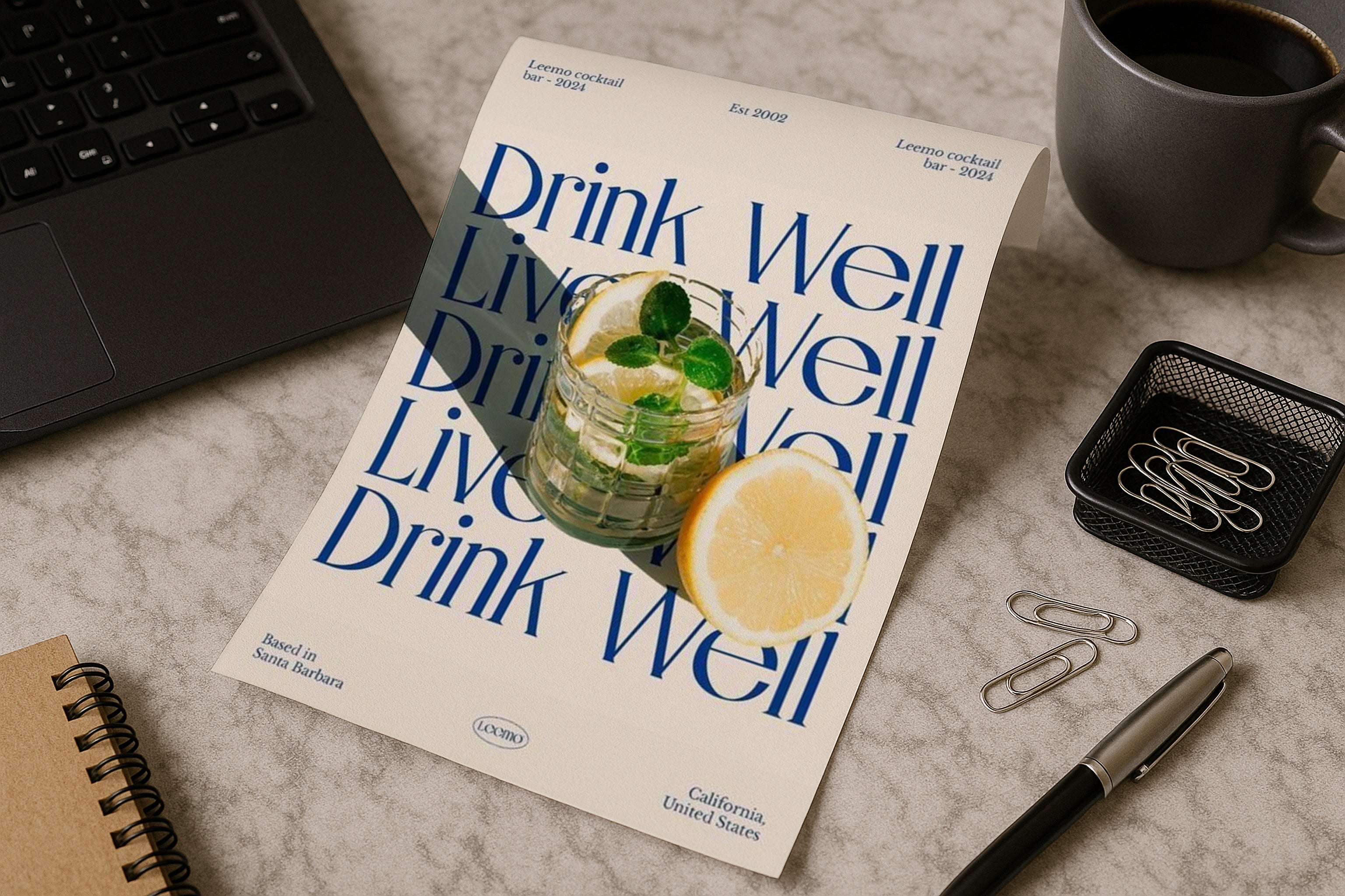 A4 poster mockup on marble desk with laptop, coffee and stationery, PSD smart object template for artwork, typography, graphic design and Etsy prints.