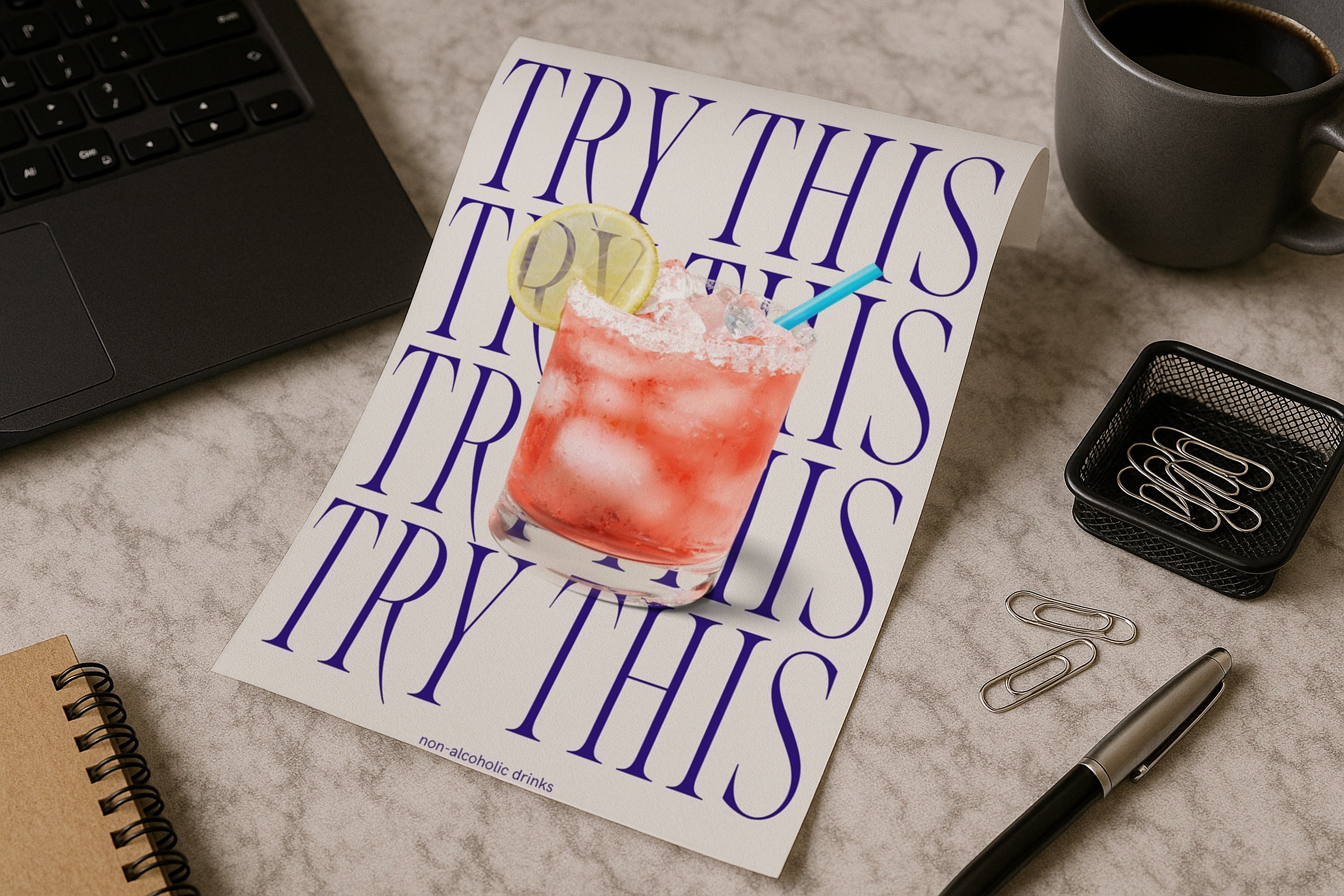 A4 poster mockup on marble desk with laptop, coffee and stationery, PSD smart object template for artwork, typography, graphic design and Etsy prints.