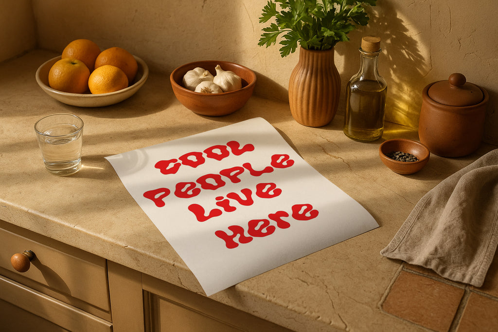 Poster mockup on rustic kitchen counter with fruits, herbs, garlic and olive oil, PSD smart object template for food artwork, Etsy printable design