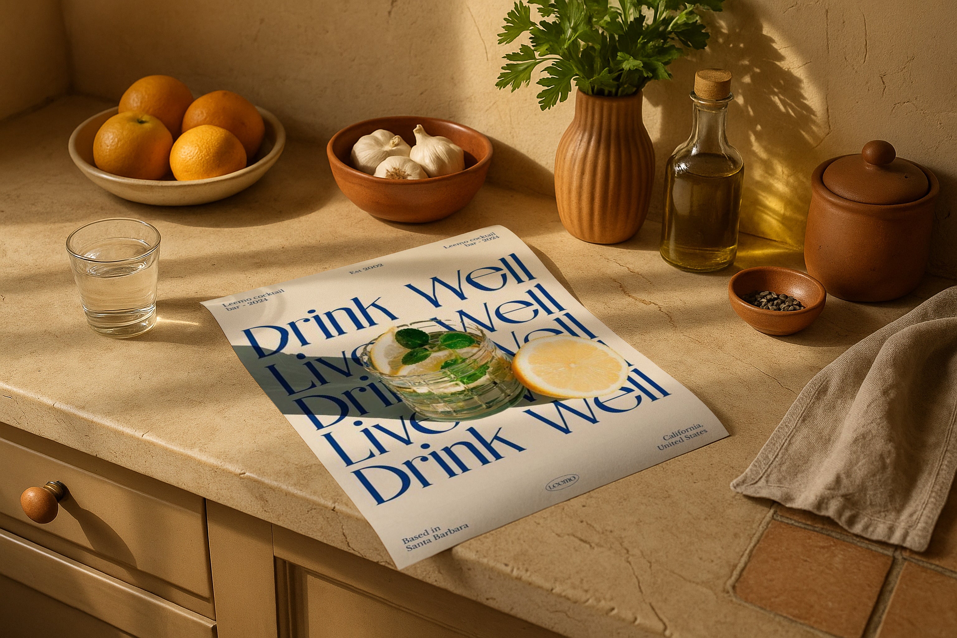 Poster mockup on rustic kitchen counter with fruits, herbs, garlic and olive oil, PSD smart object template for food artwork, Etsy printable design